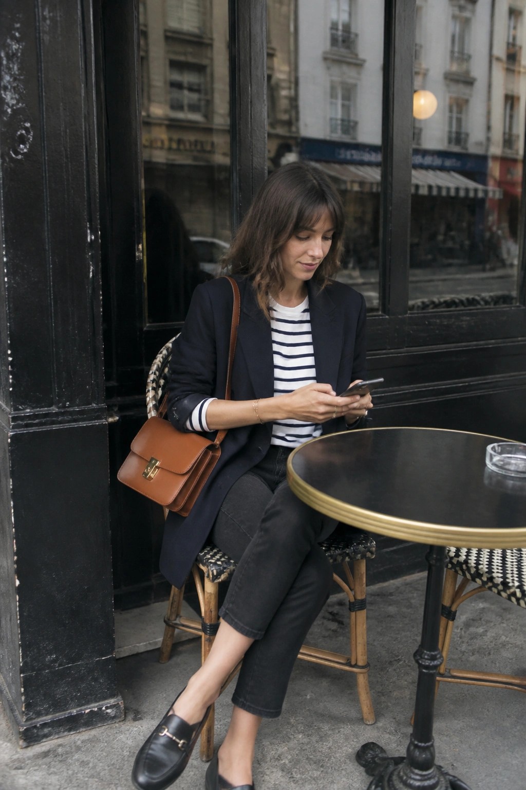 Woman in black blazer checks phone at outdoor café with brown leather bag.