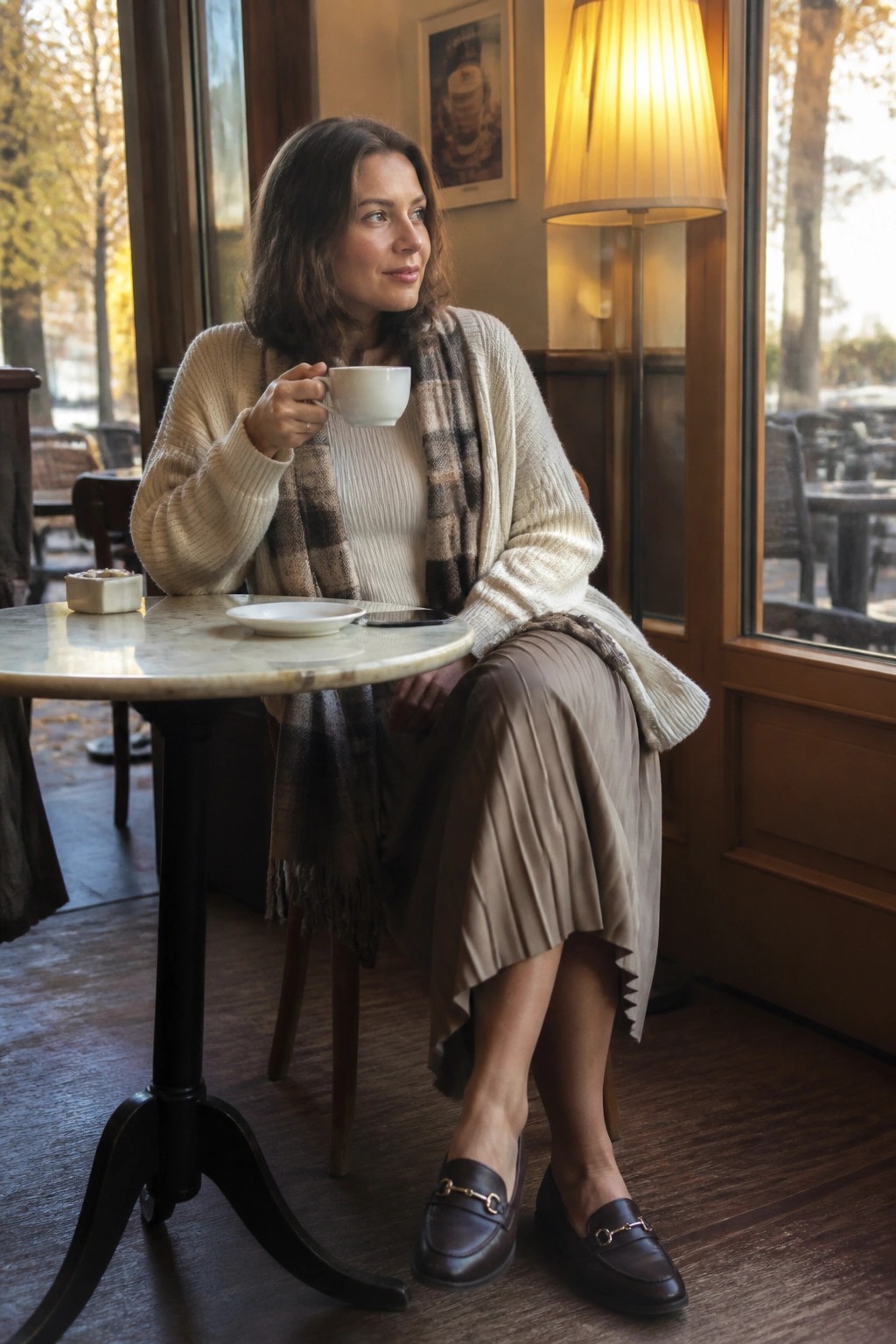 Woman in cream cardigan and pleated skirt holds coffee cup at sunny cafe table