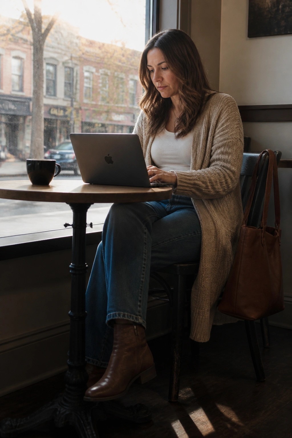 Woman in beige cardigan types on laptop at sunny cafe table with coffee and bag