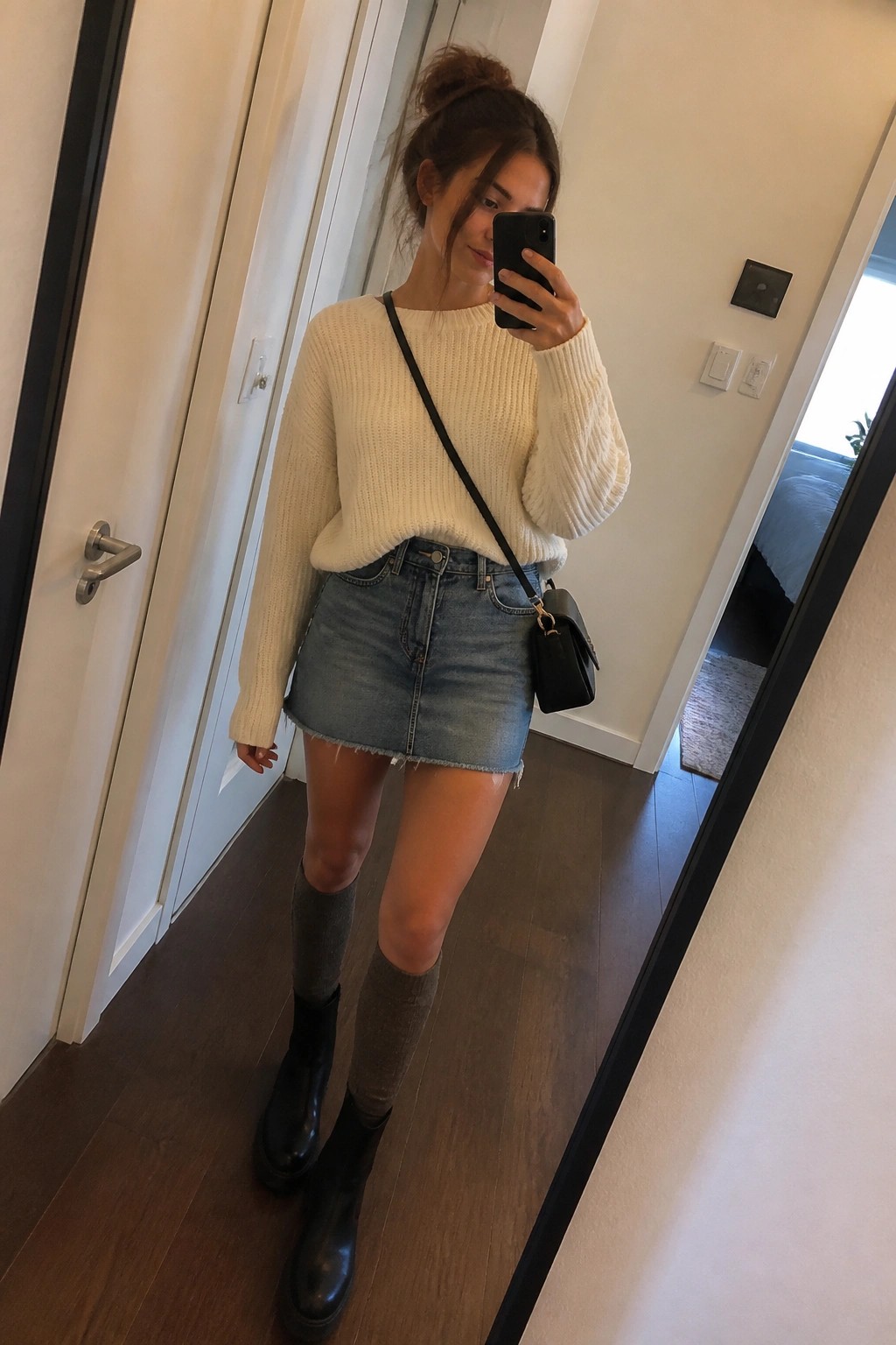 Woman in cream knit sweater and denim skirt taking mirror selfie in black boots