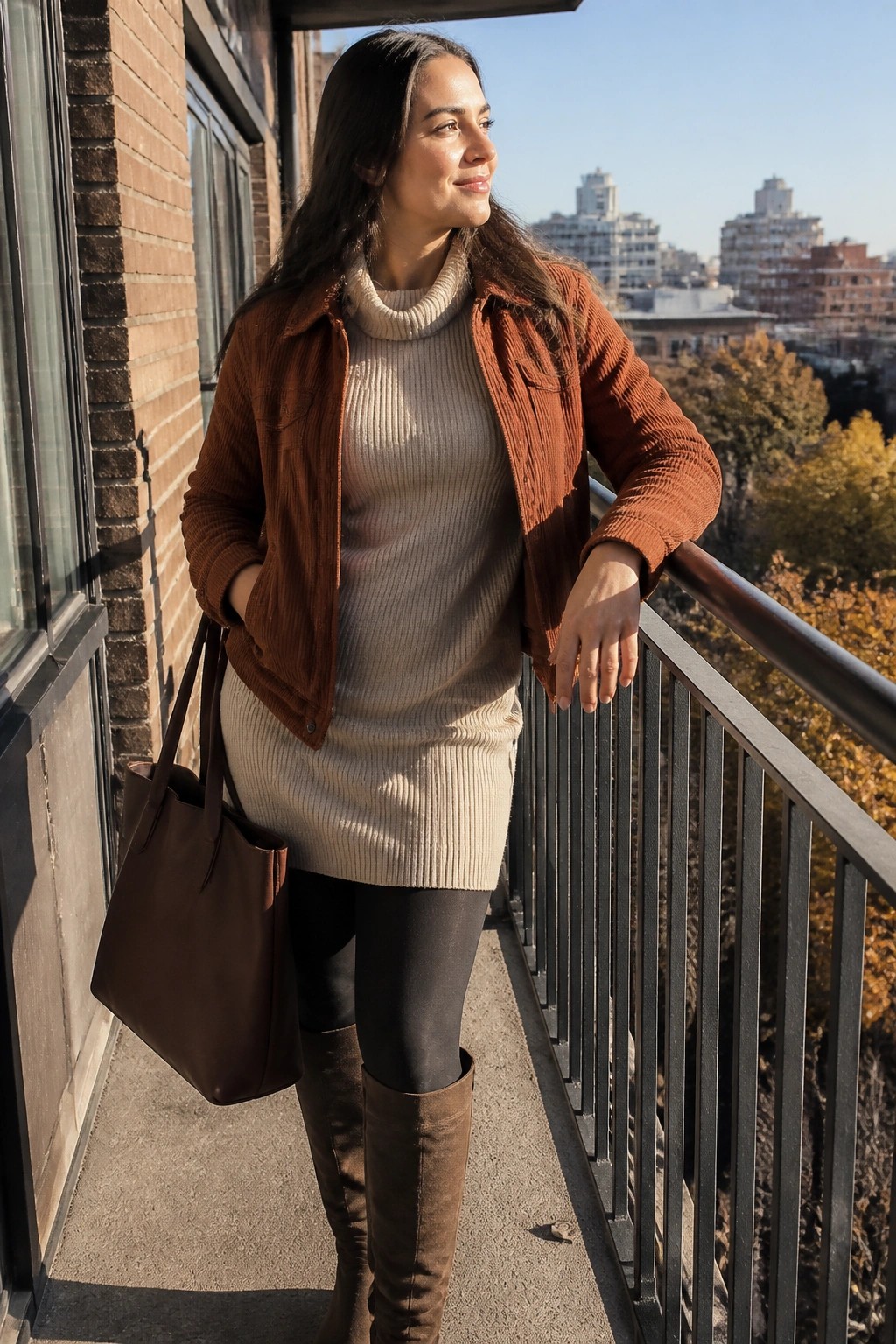 Woman in rust corduroy jacket over beige sweater dress on sunny city balcony