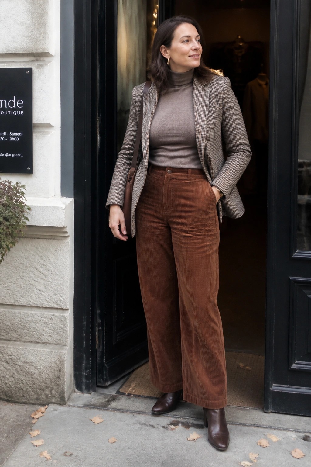 Woman in brown corduroy wide leg pants, taupe turtleneck sweater, houndstooth blazer, brown leather boots and matching crossbody bag standing by a shop doorway