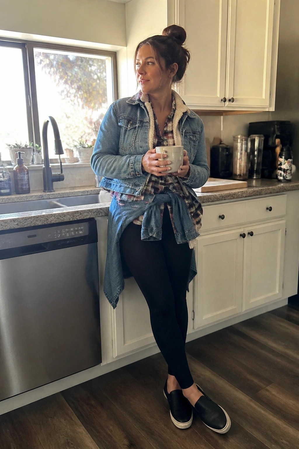 Woman in denim jacket and black leggings holding mug in kitchen.