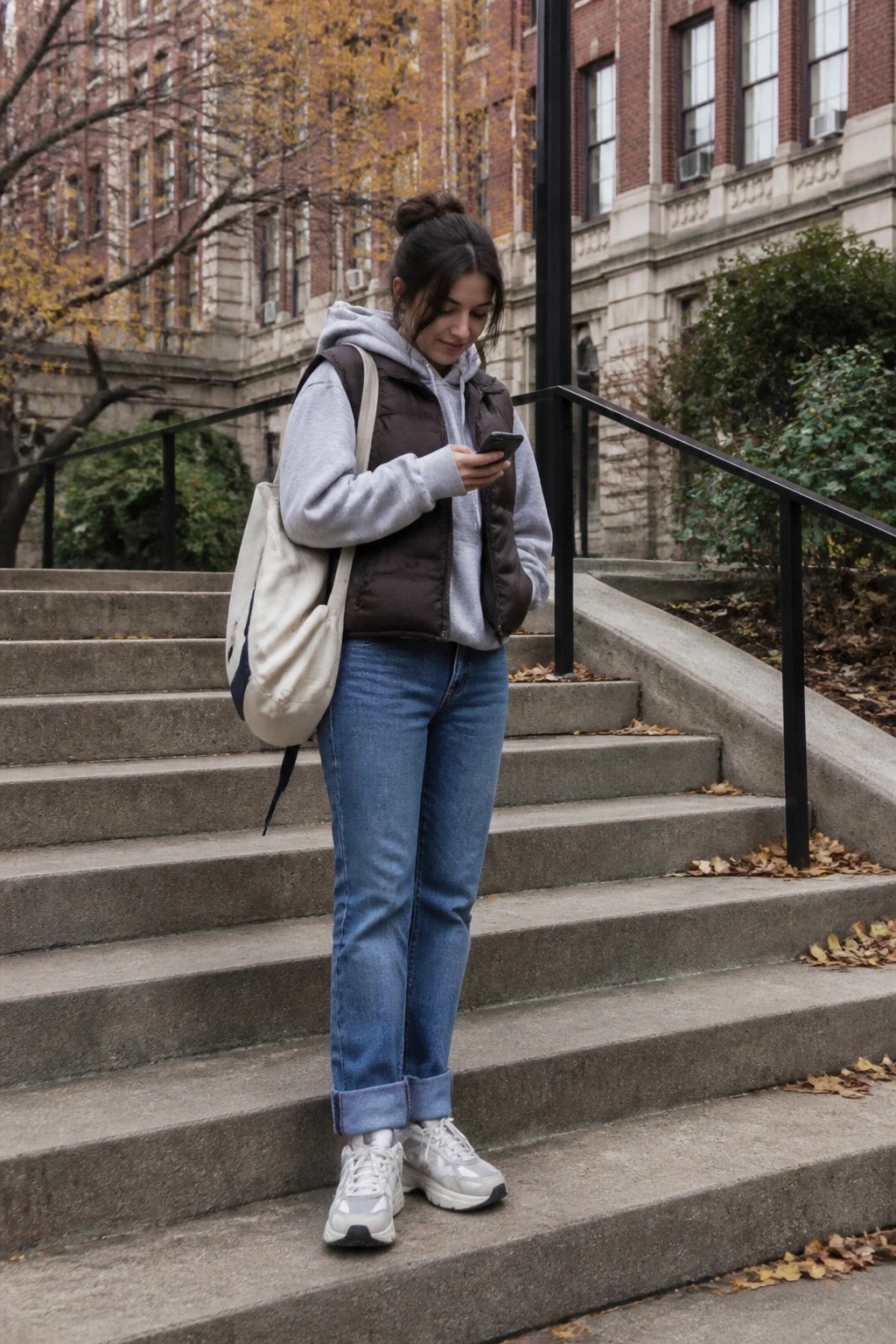 Woman in gray hoodie and brown vest checks phone on autumn stairs