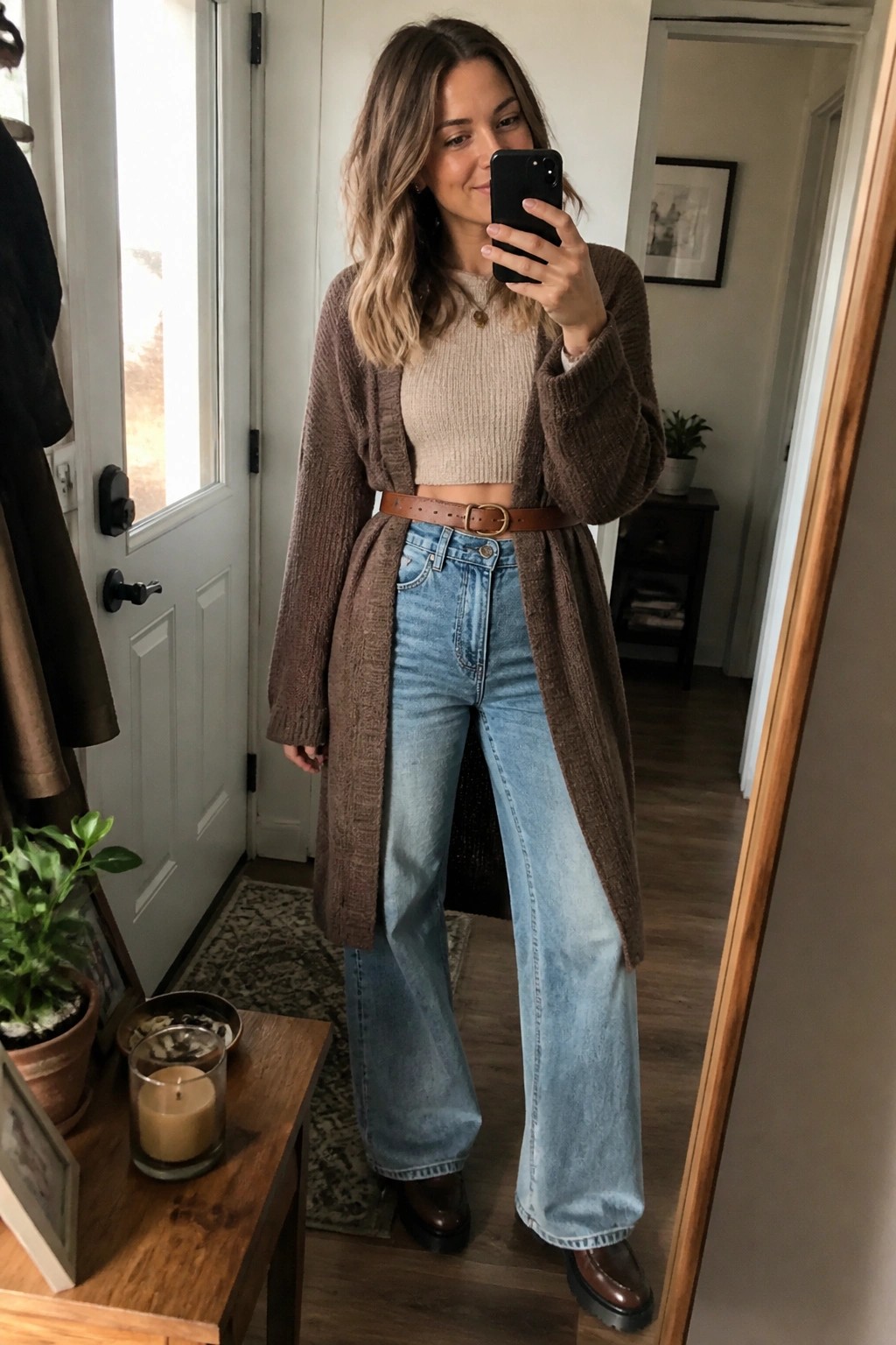 Woman in mirror selfie wearing long brown knit cardigan open over beige cropped ribbed sweater cinched with brown leather belt, light blue wide leg jeans, and brown loafers.