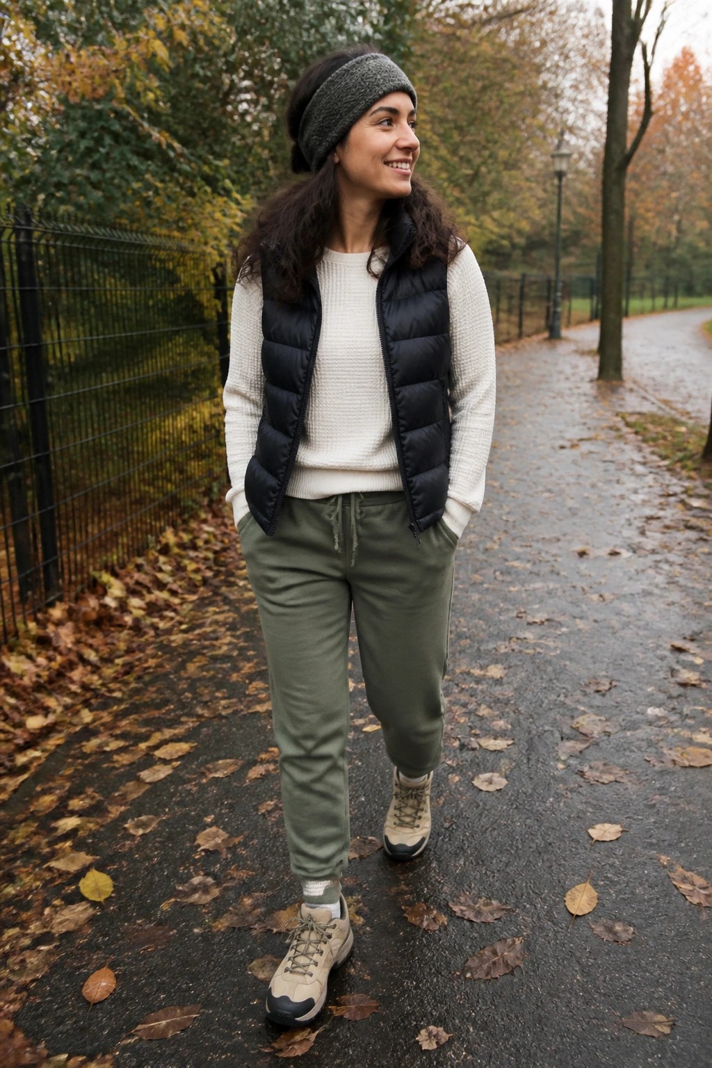 Smiling woman in black puffy vest and green pants on autumn path with leaves