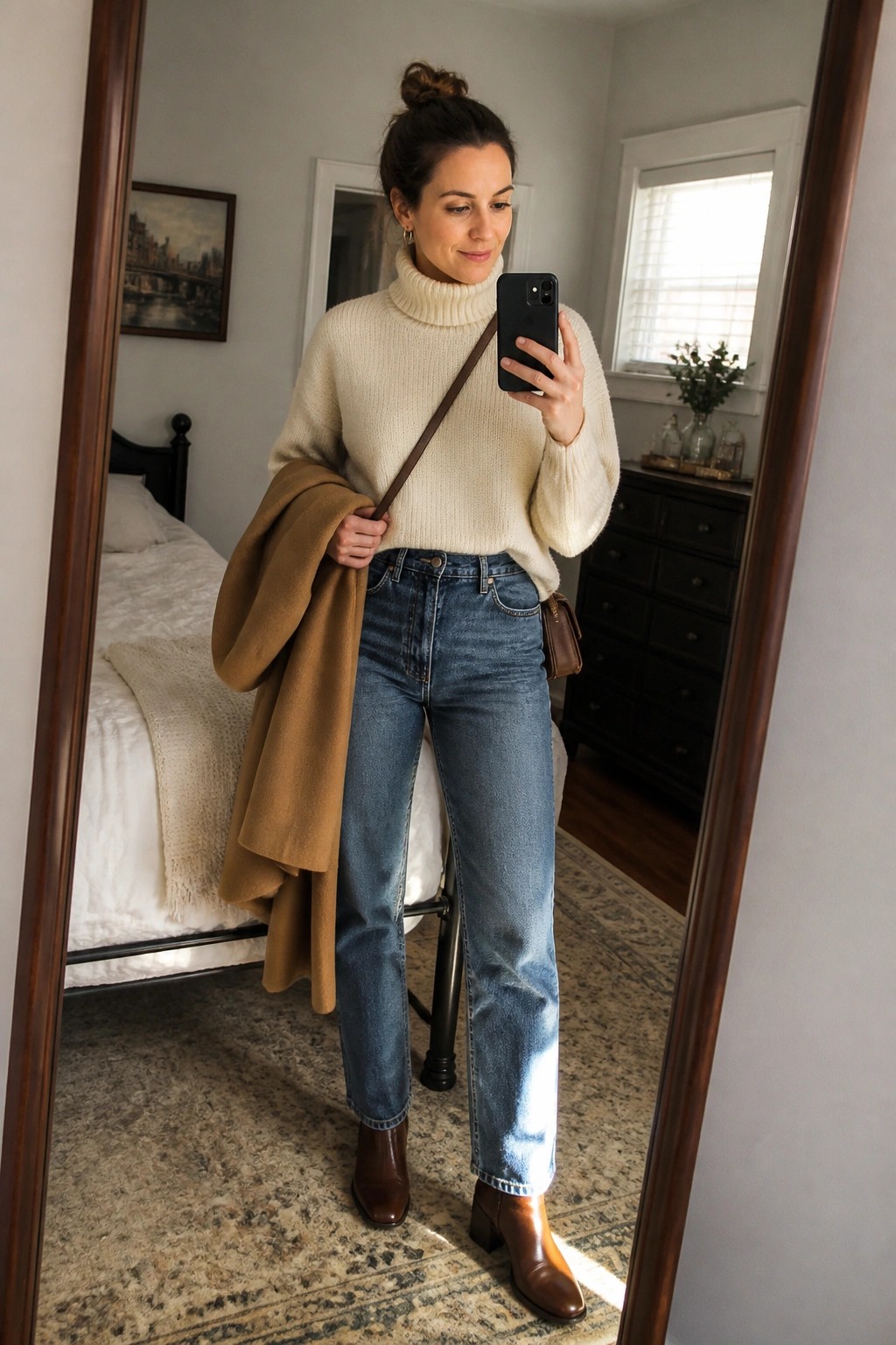 Woman in cream turtleneck sweater and jeans taking bedroom mirror selfie