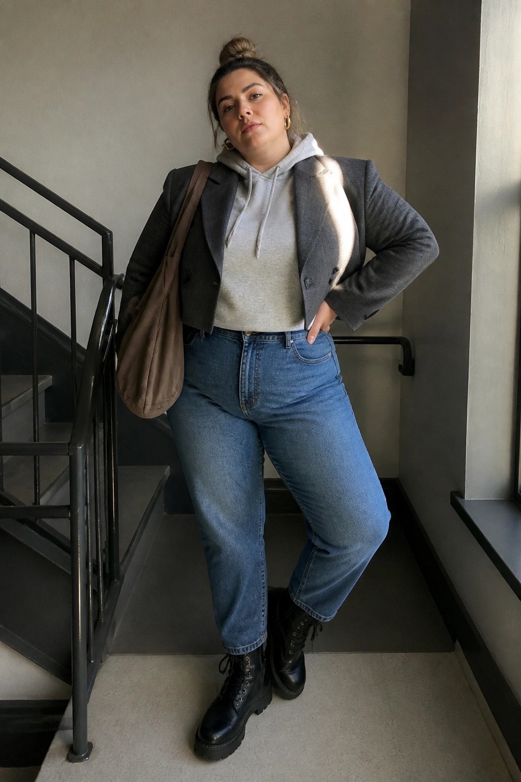 Plus size woman in gray blazer over light gray hoodie paired with blue jeans and black combat boots carrying a brown tote bag on stairs.