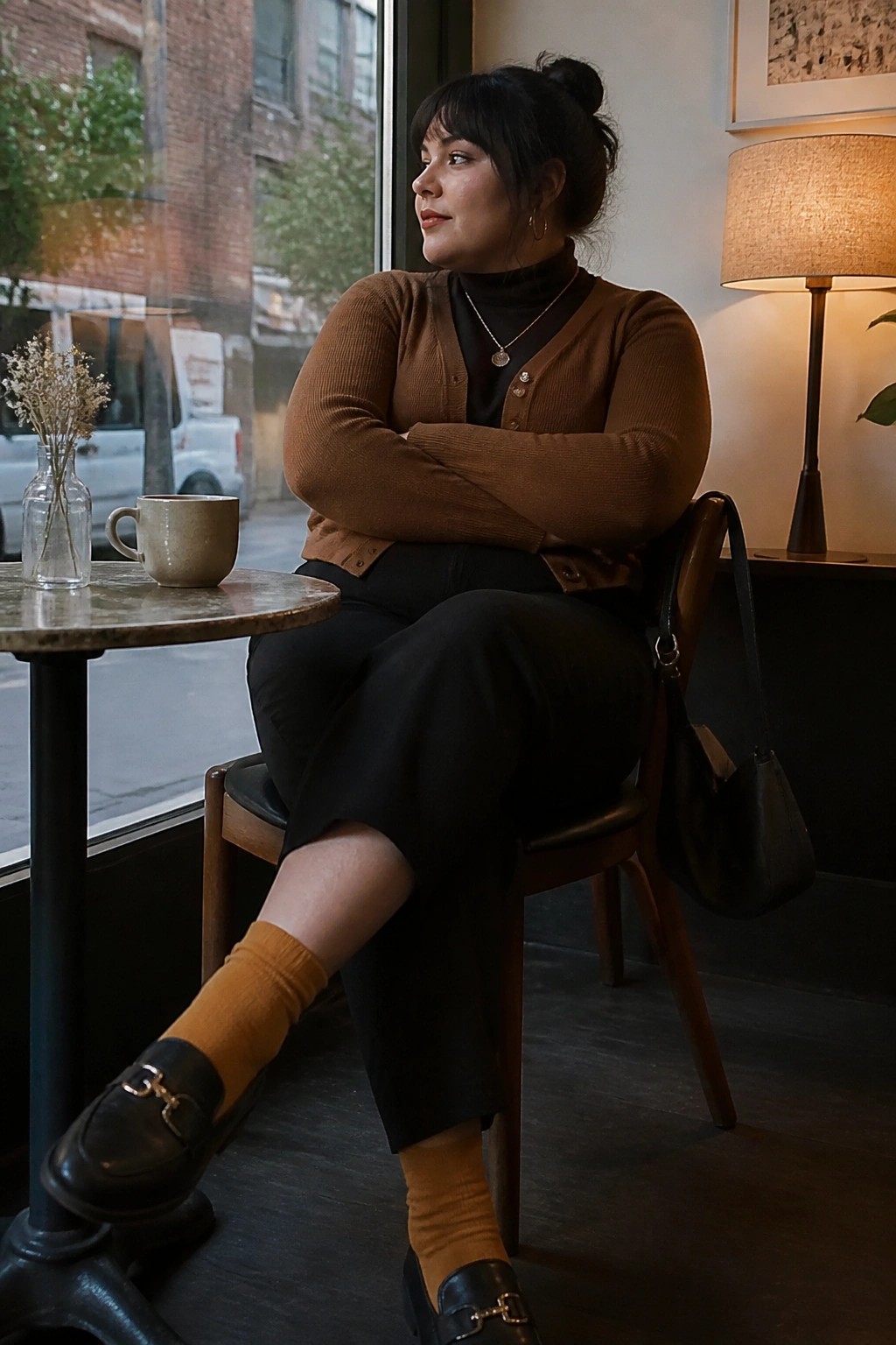 Woman in brown cardigan and yellow socks sits with arms crossed by cafe window