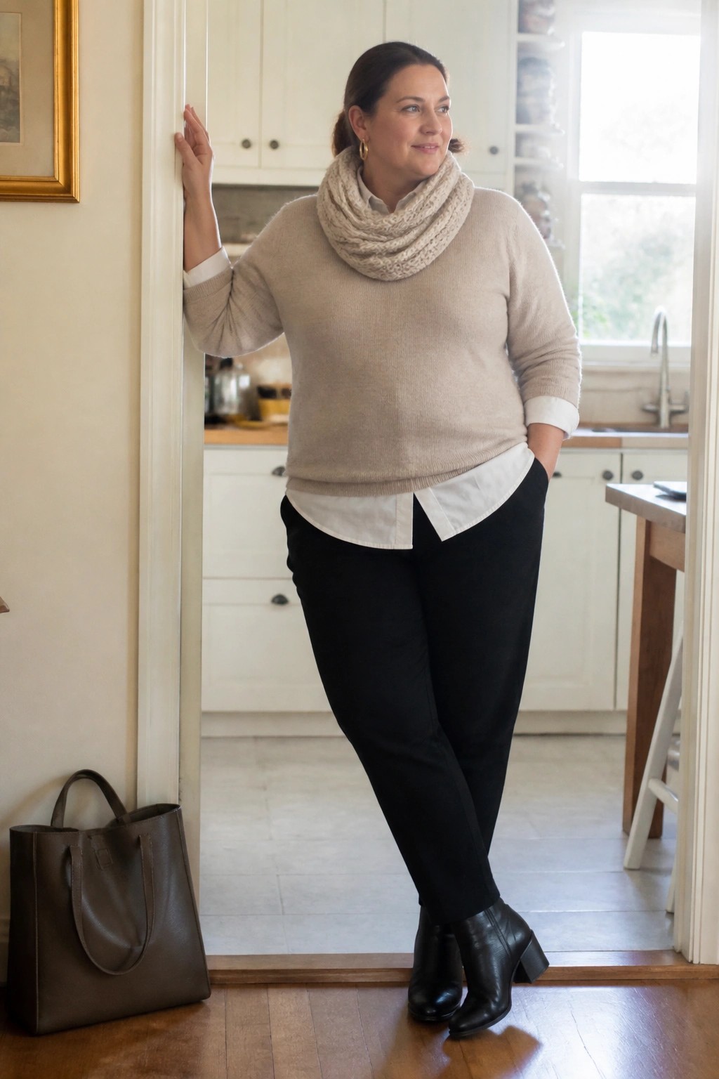 Woman in beige sweater and black pants leaning in kitchen doorway with brown bag