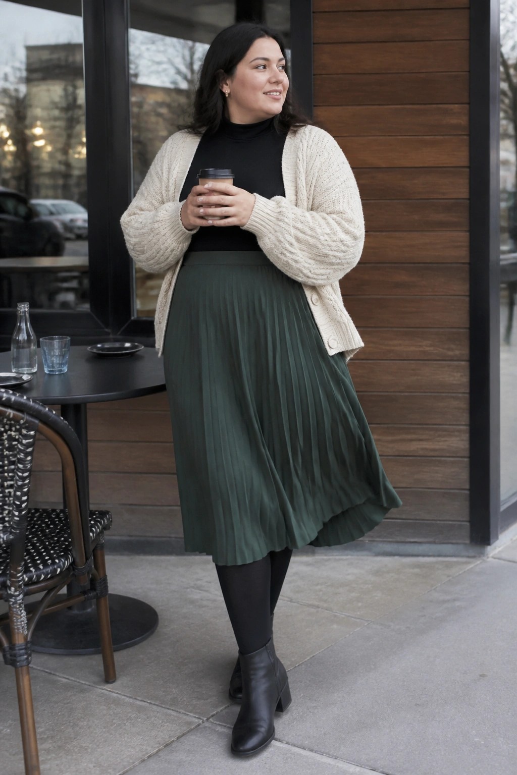 Woman in cream cardigan and green pleated skirt holding coffee at cafe