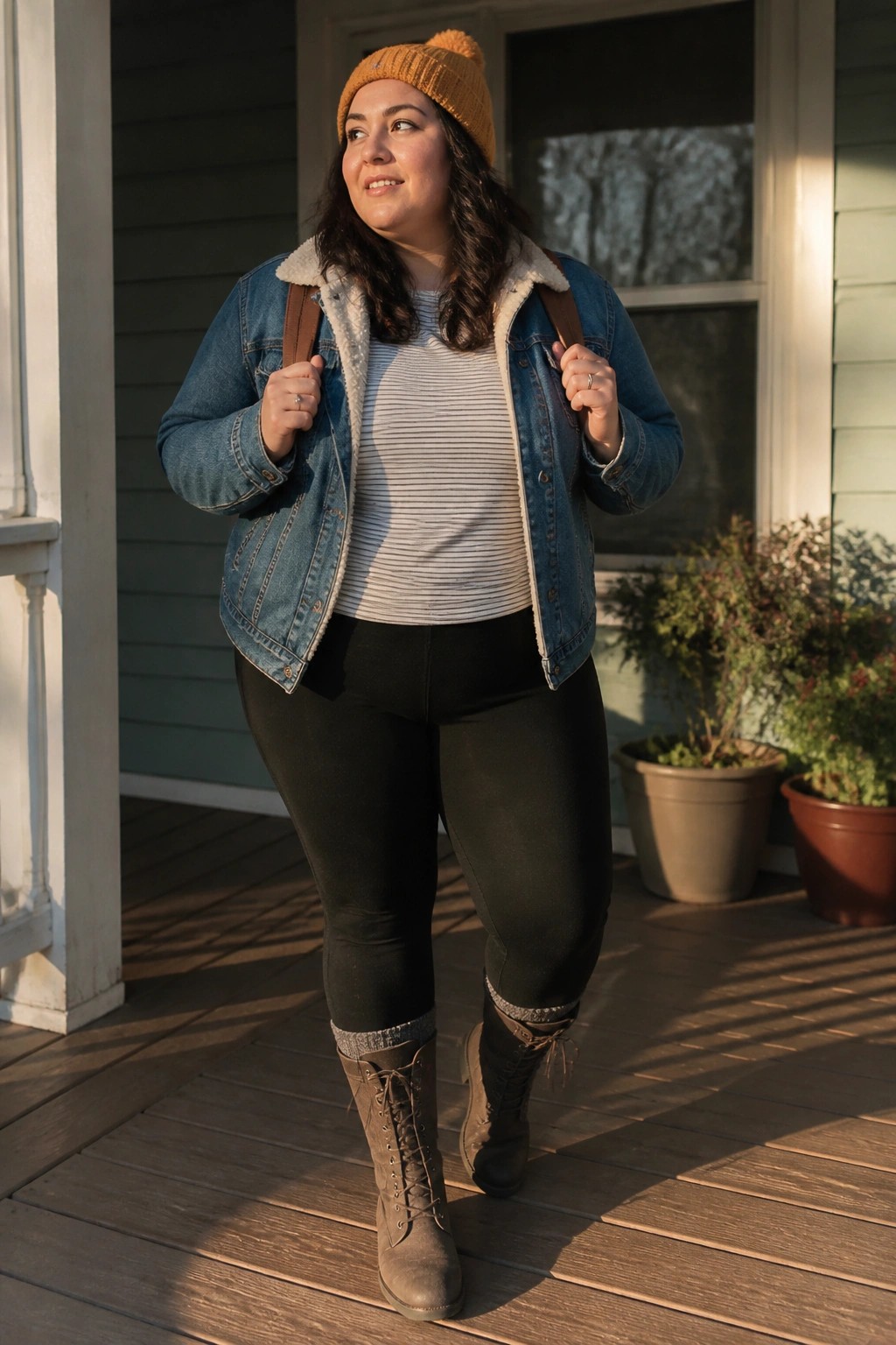 Woman in yellow beanie and sherpa denim jacket on sunlit wooden porch.