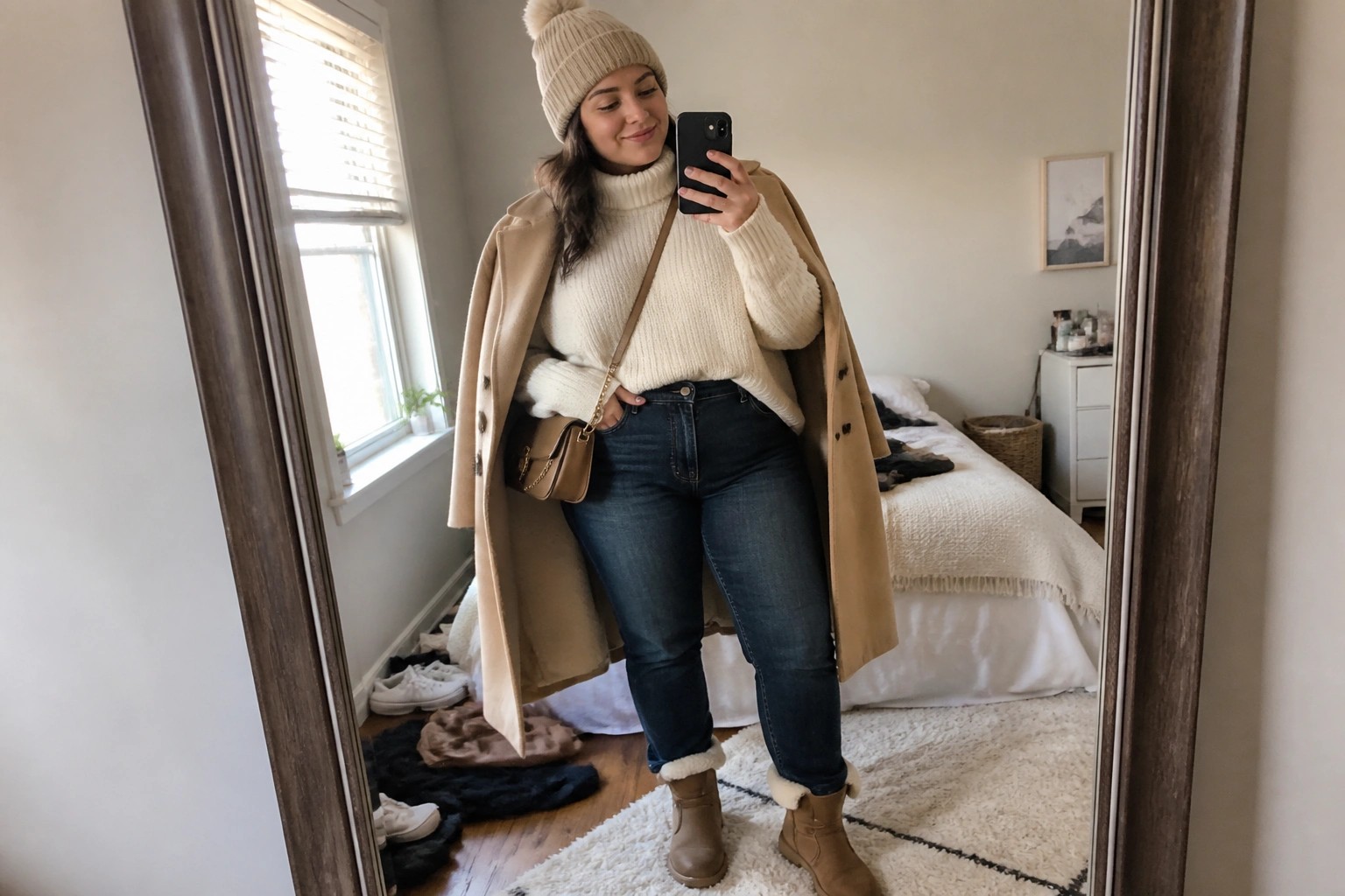 Woman in cream turtleneck, dark jeans, tan coat, and beanie taking mirror selfie