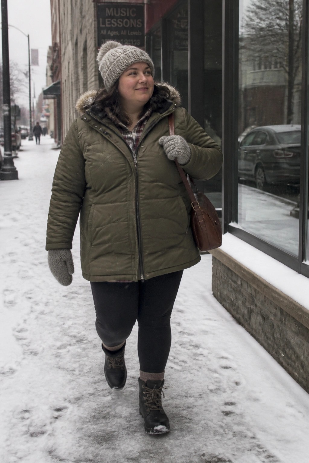 Woman in green parka, knit hat, and mittens walking on snowy sidewalk