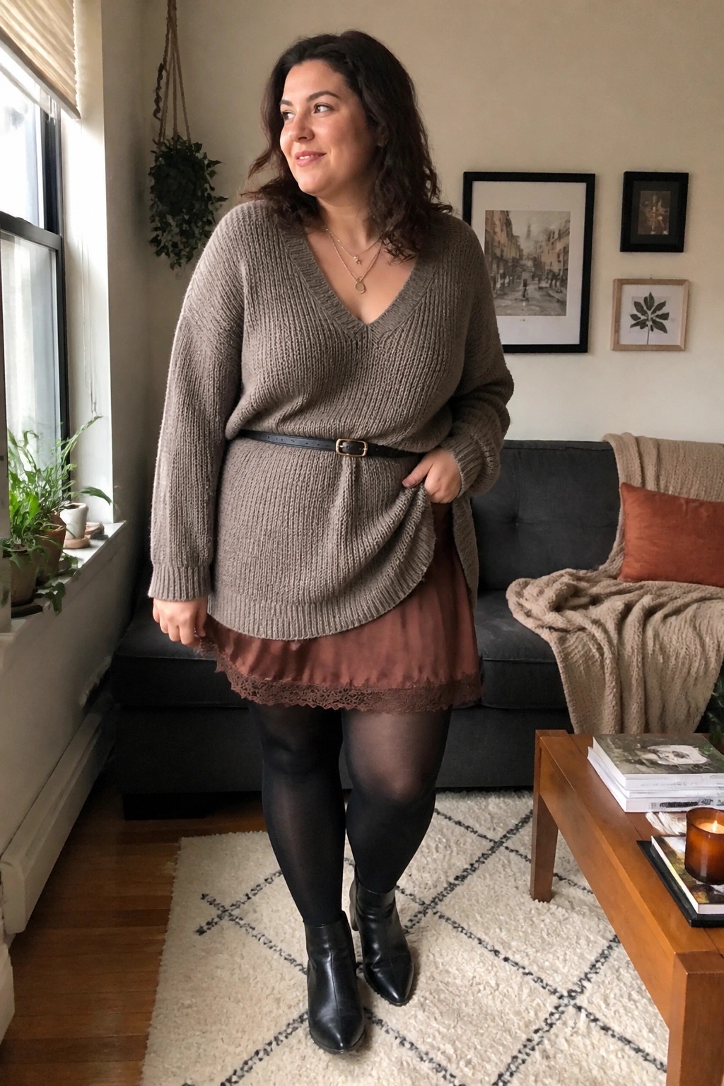 Woman in taupe sweater over brown lace dress standing in living room