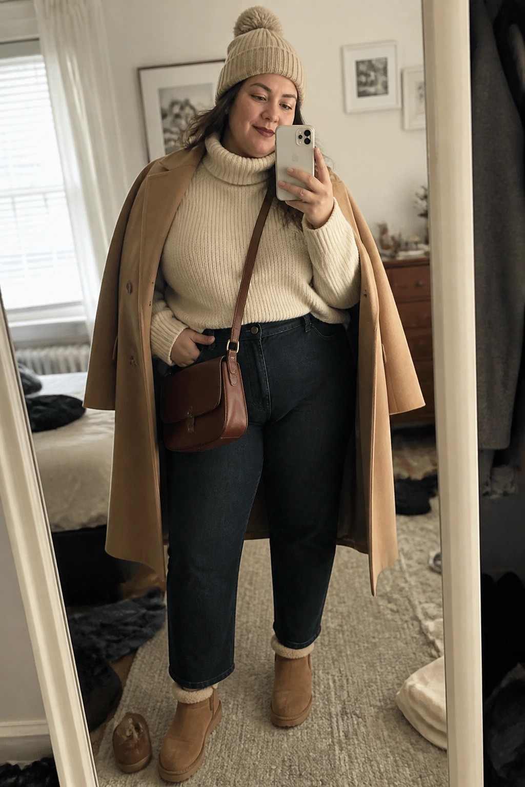 Woman in cream turtleneck, dark jeans, tan coat, and beanie taking mirror selfie