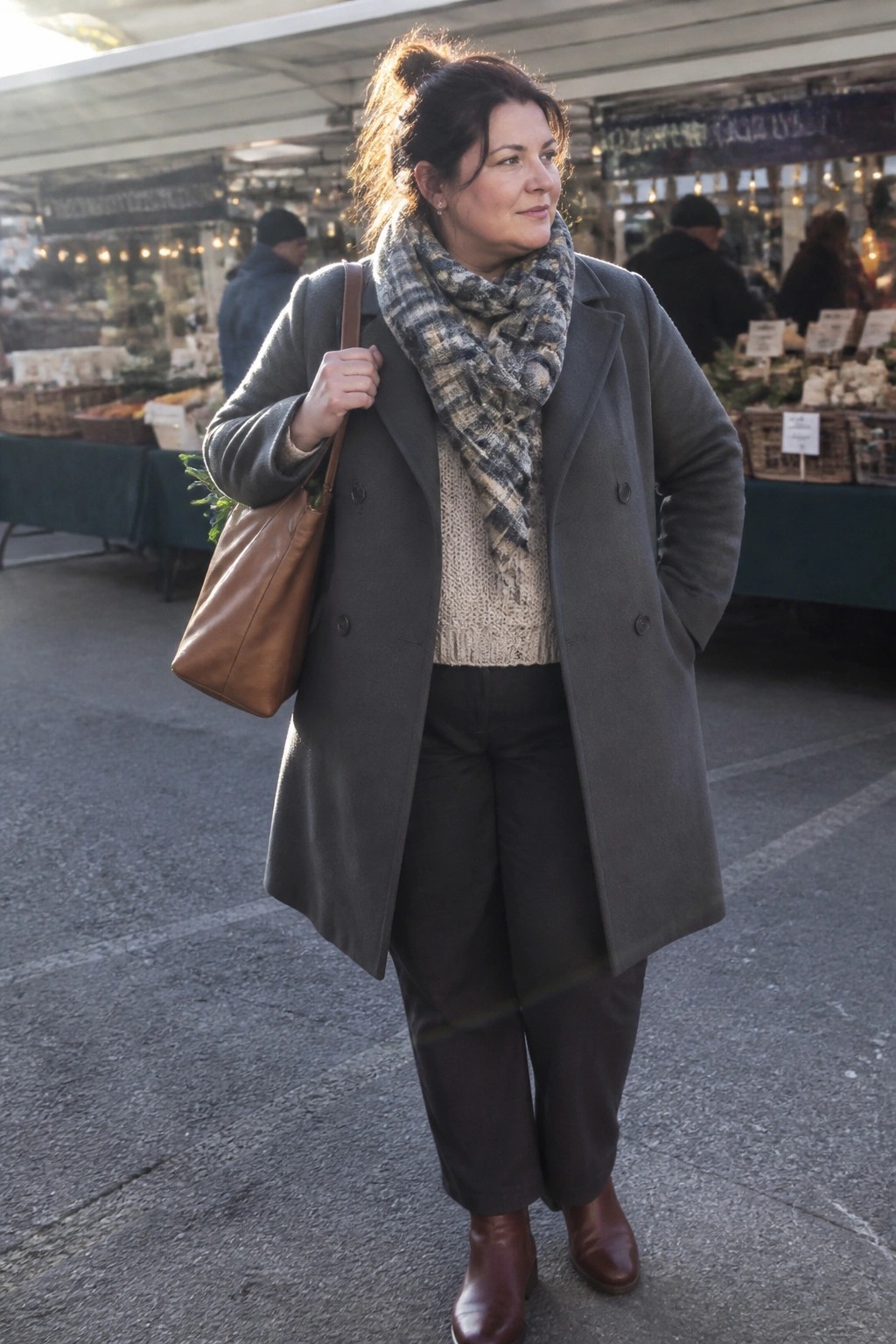 Woman in gray coat with plaid scarf carrying brown leather bag at market
