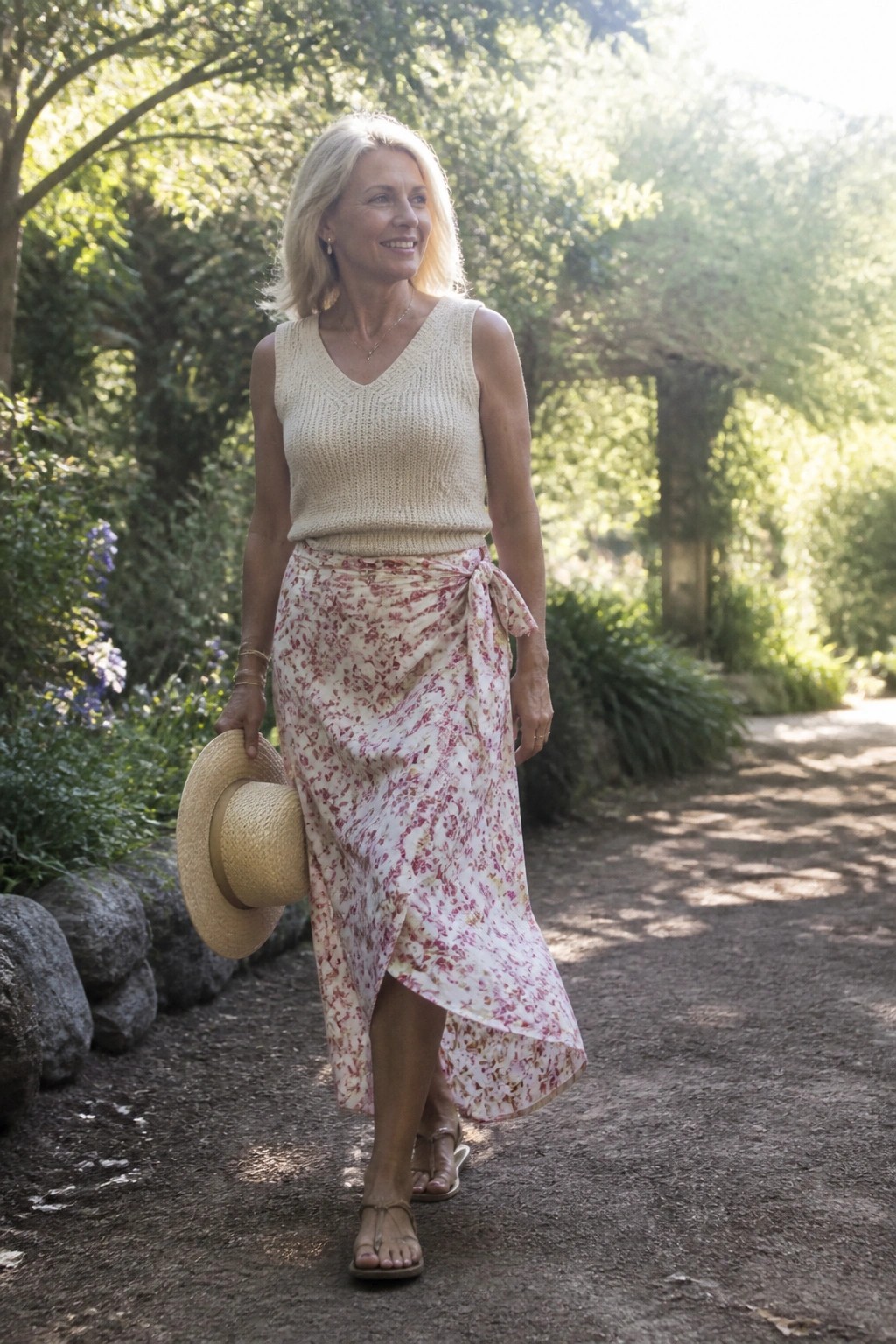 Blonde woman in floral wrap skirt and knit top holds straw hat on garden path