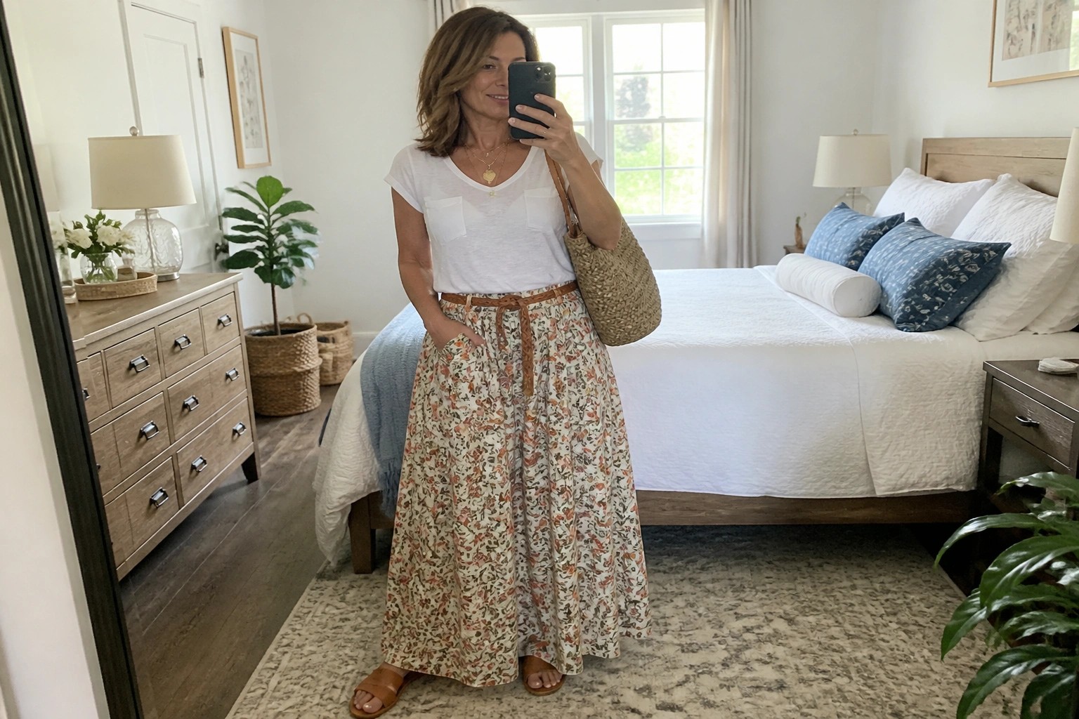 Woman in white top and floral skirt taking bedroom mirror selfie with woven bag