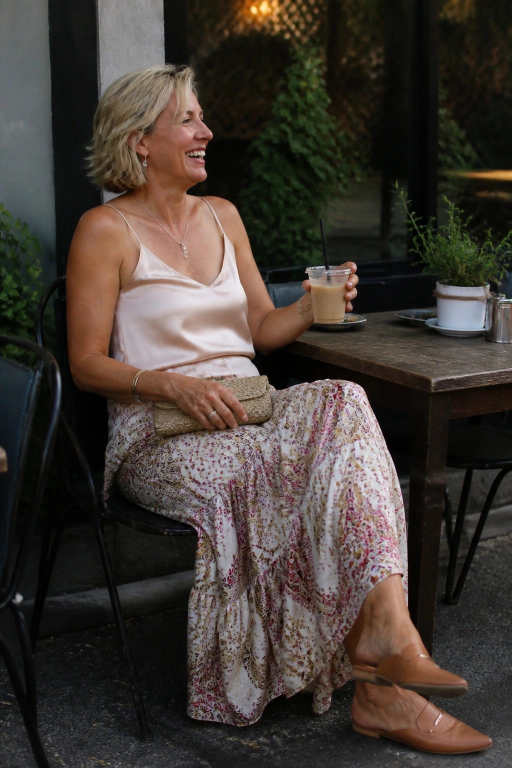 Blonde woman in satin camisole and floral skirt holding iced coffee at cafe table