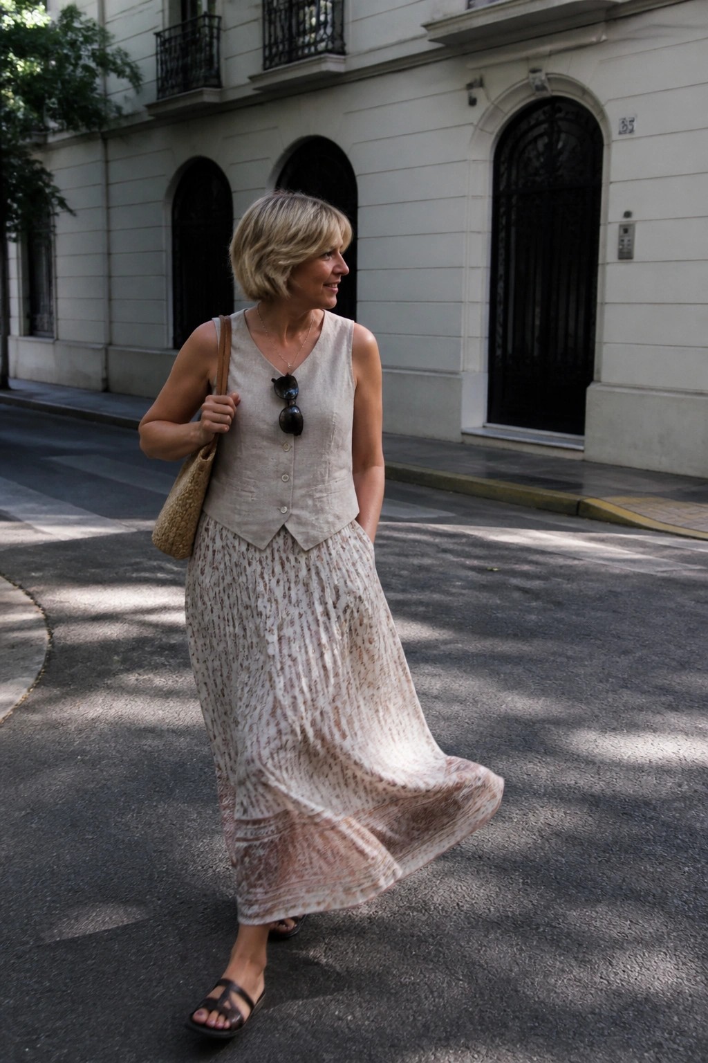 Woman over 50 wearing a sleeveless beige vest buttoned over a patterned maxi skirt with a woven shoulder bag and dark sandals.