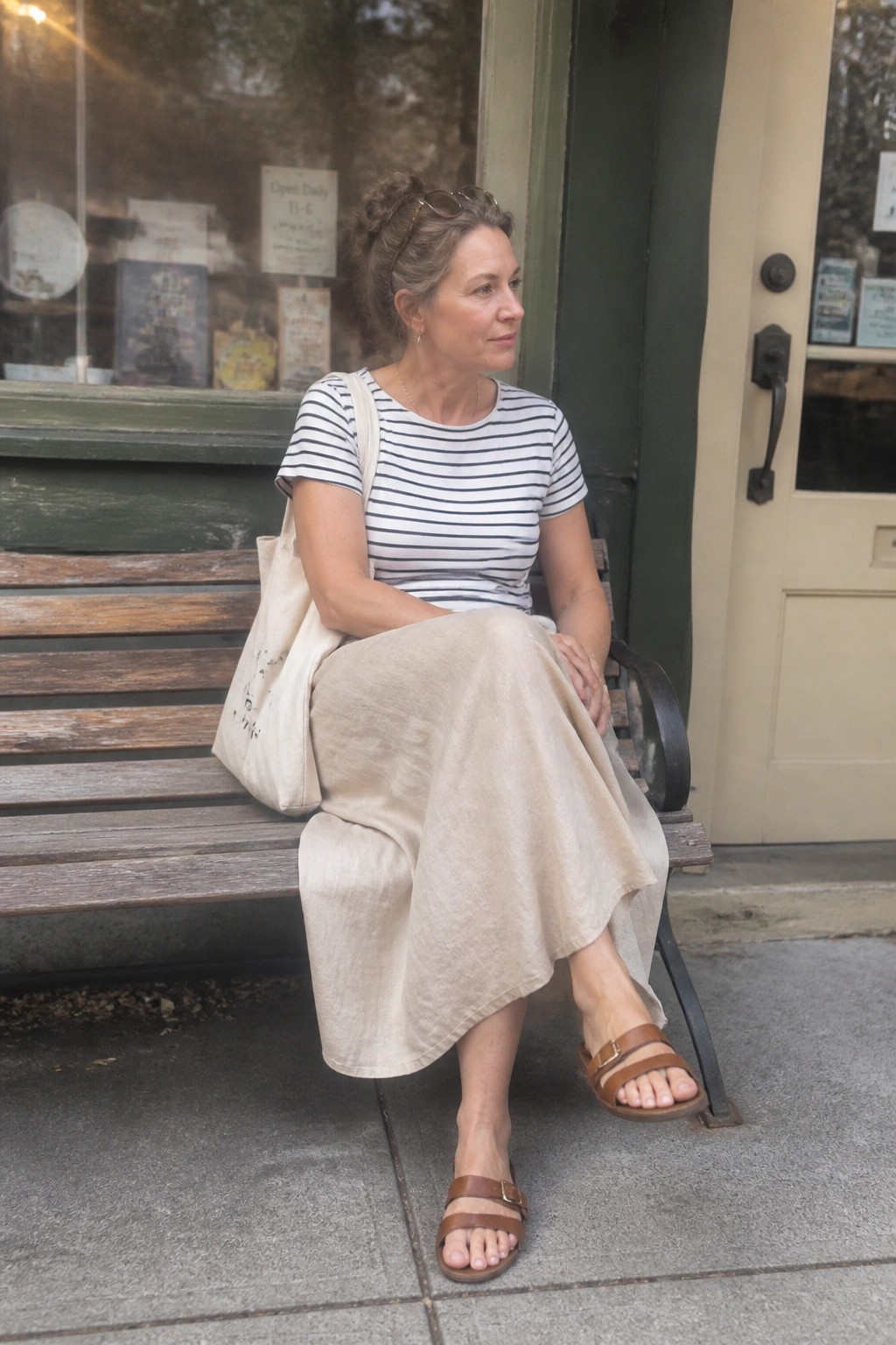 Woman in striped shirt and beige skirt sits on wooden bench with canvas tote bag