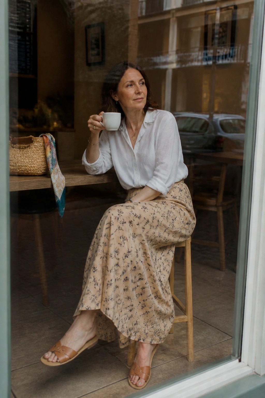 Woman in white shirt and floral skirt sipping coffee by cafe window with basket