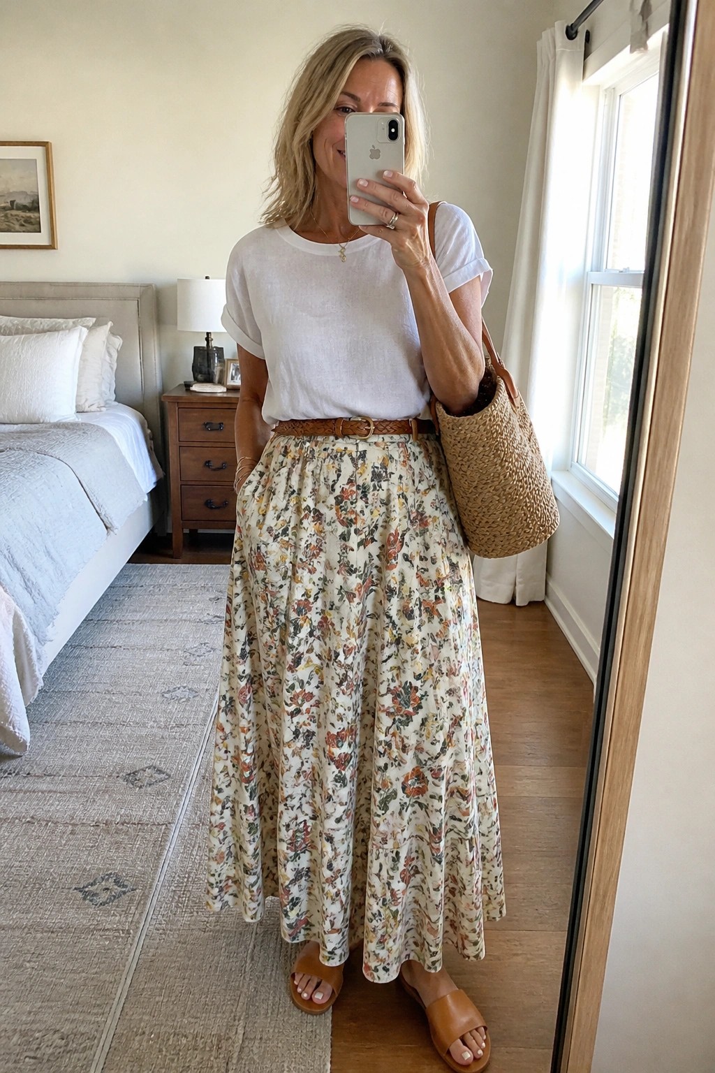 Woman in white top and floral skirt taking bedroom mirror selfie with woven bag