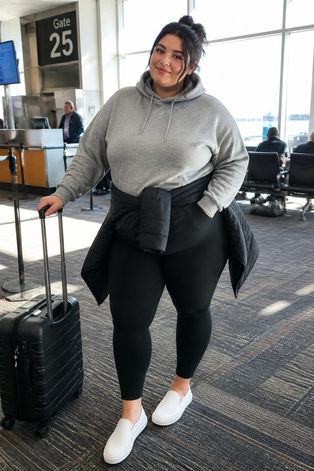 Woman in gray hoodie with black puffer jacket at waist holding suitcase in airport