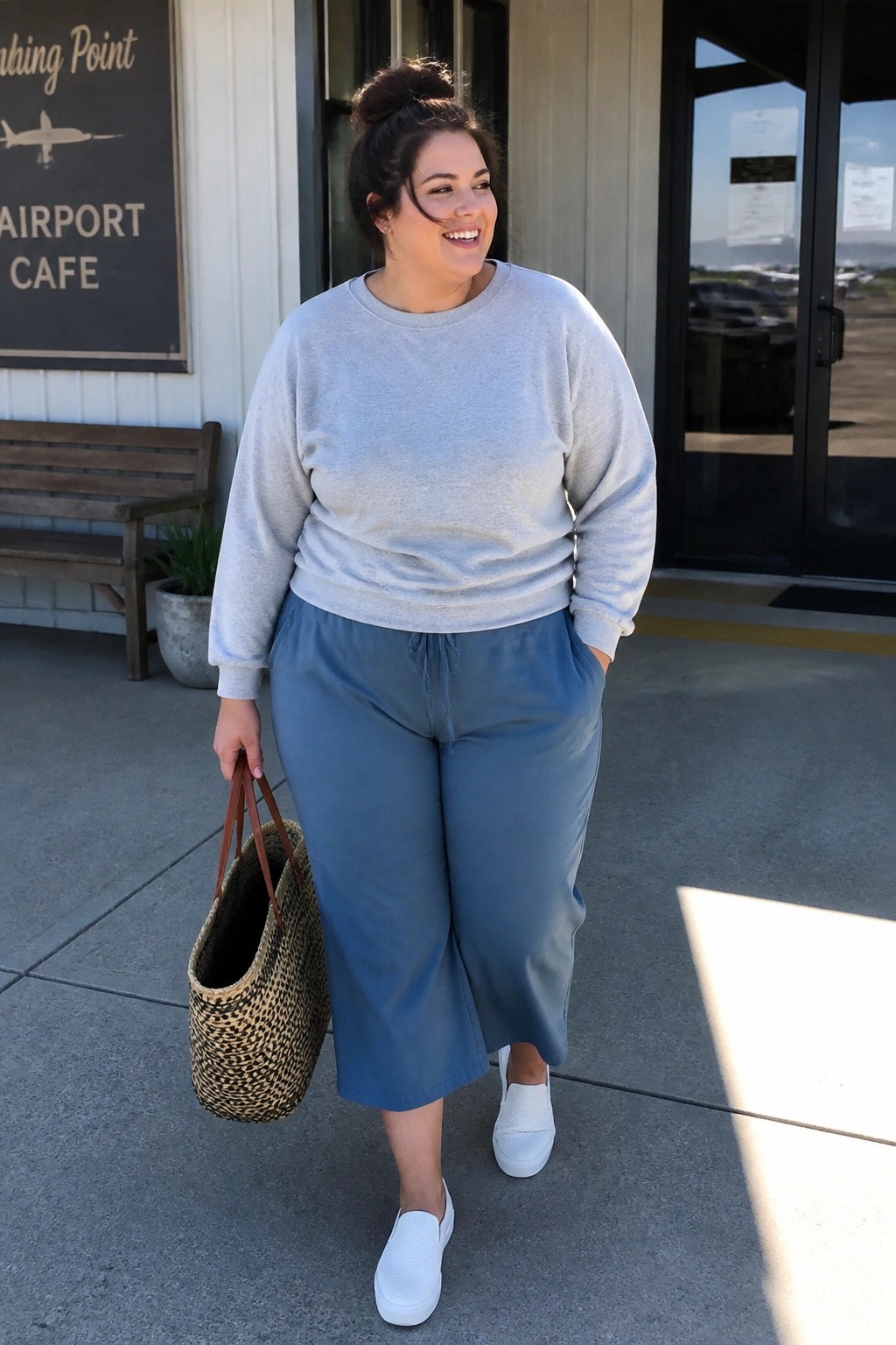 Smiling woman in gray sweatshirt and blue culottes holding woven bag outside airport cafe.