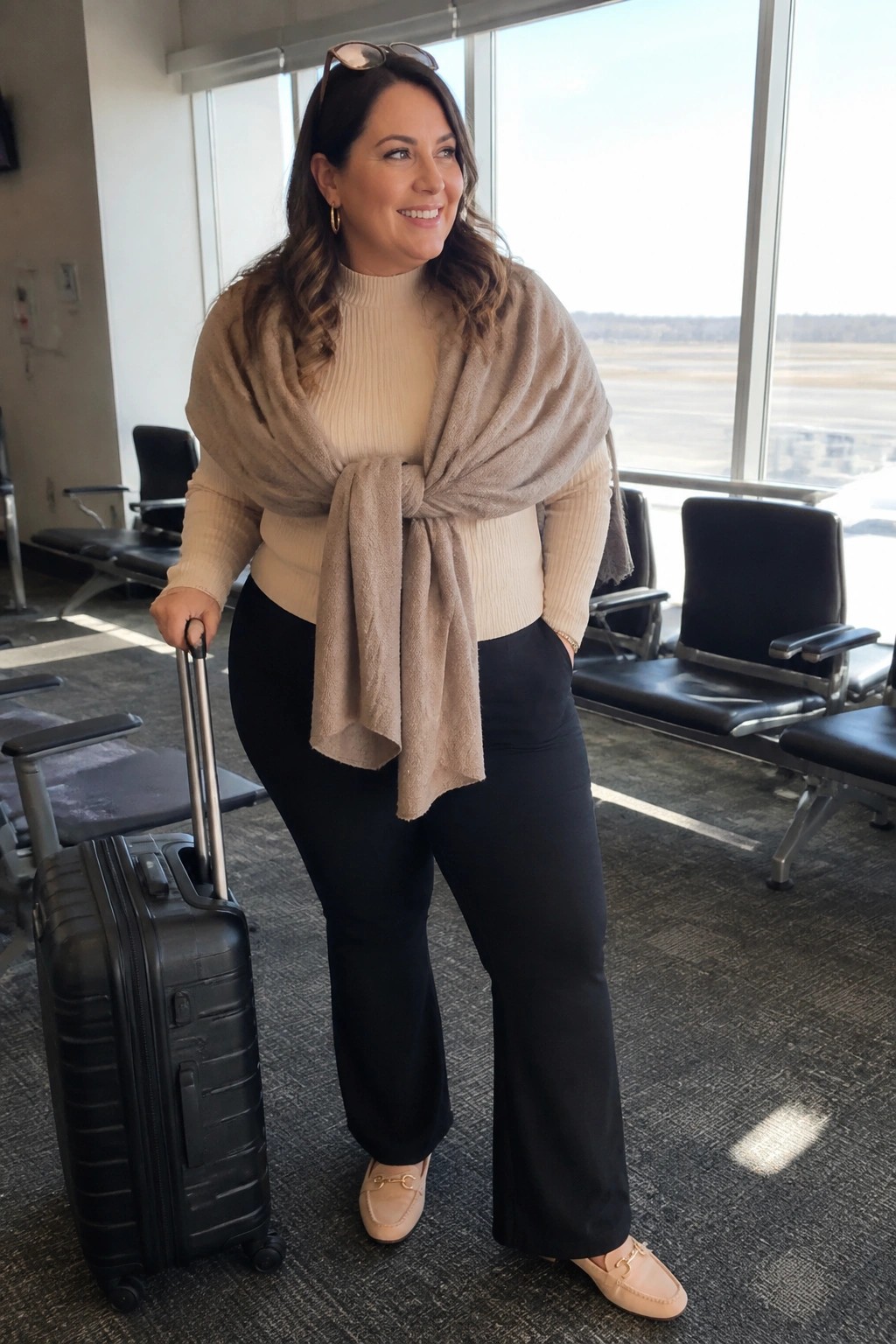 Smiling woman in beige sweater and shawl holding black suitcase in airport terminal
