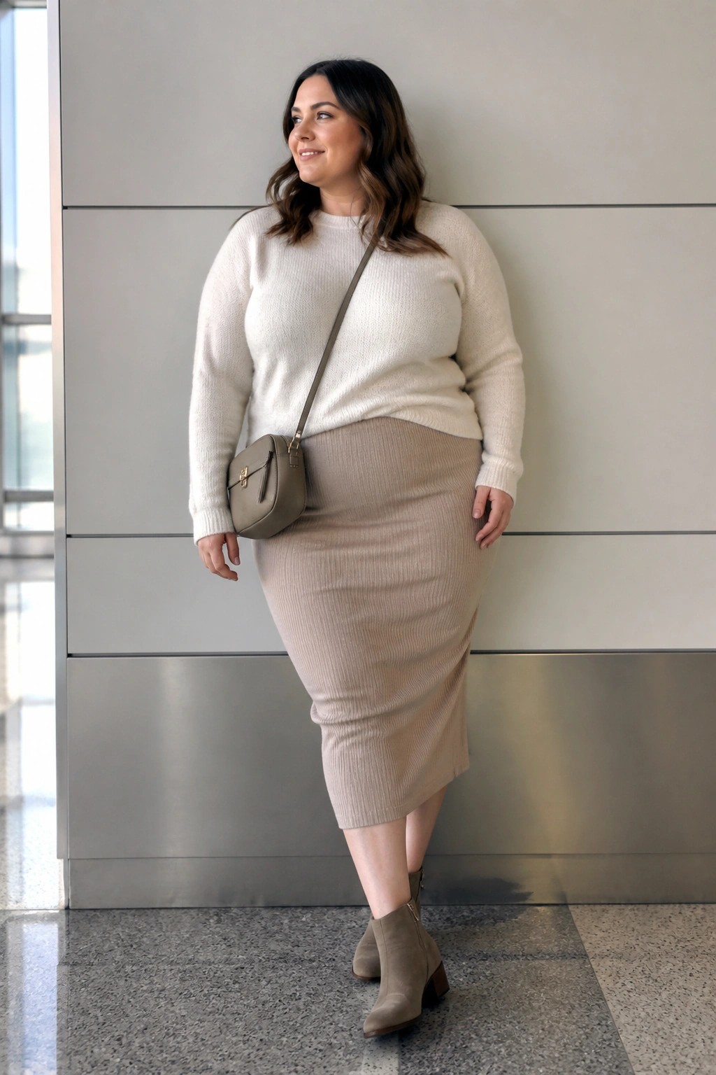 A plus size woman in a cream chunky knit sweater tucked into a beige ribbed midi skirt with a taupe crossbody bag and matching ankle boots standing against a paneled wall.