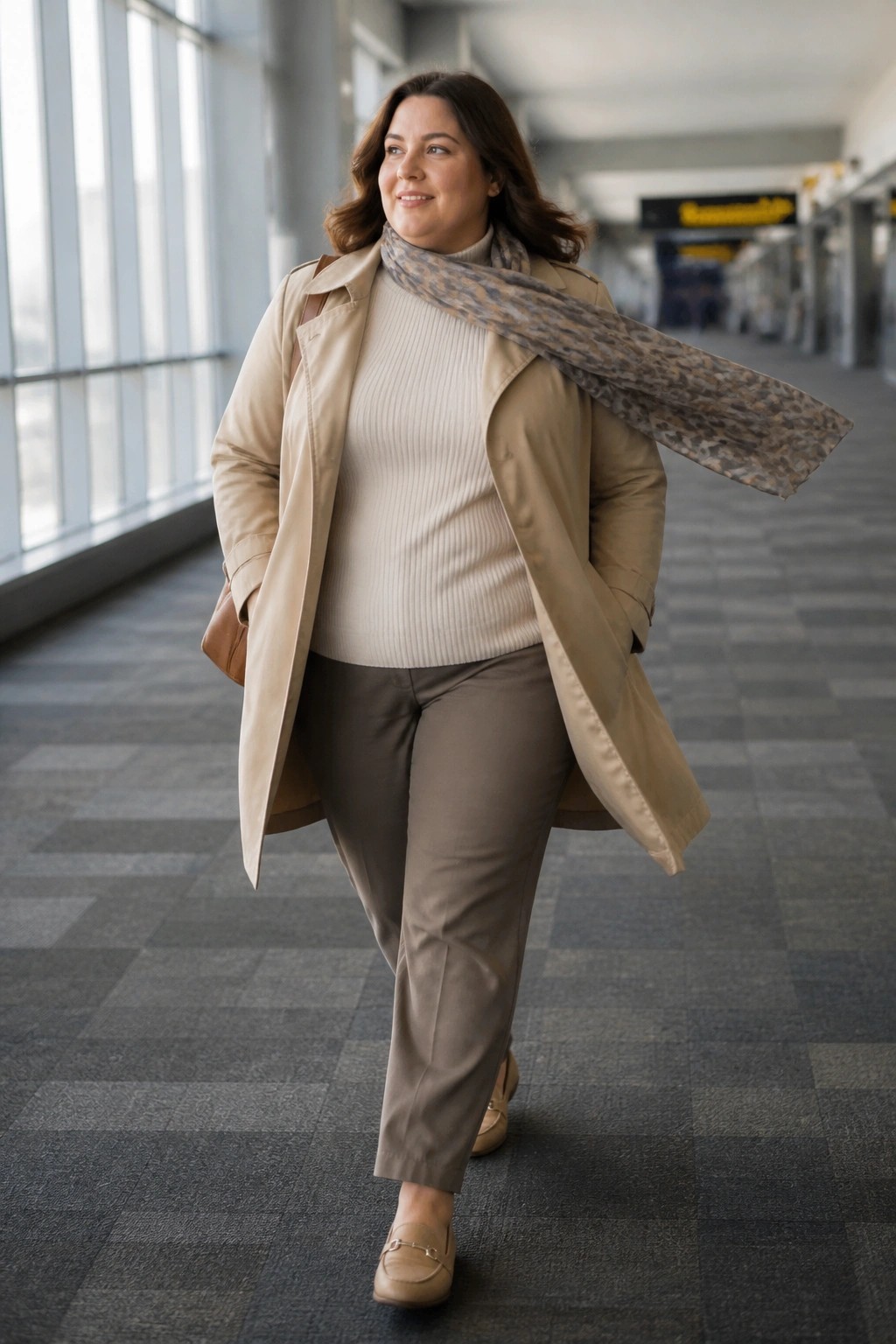 Woman in beige trench coat and patterned scarf walks through airport hallway