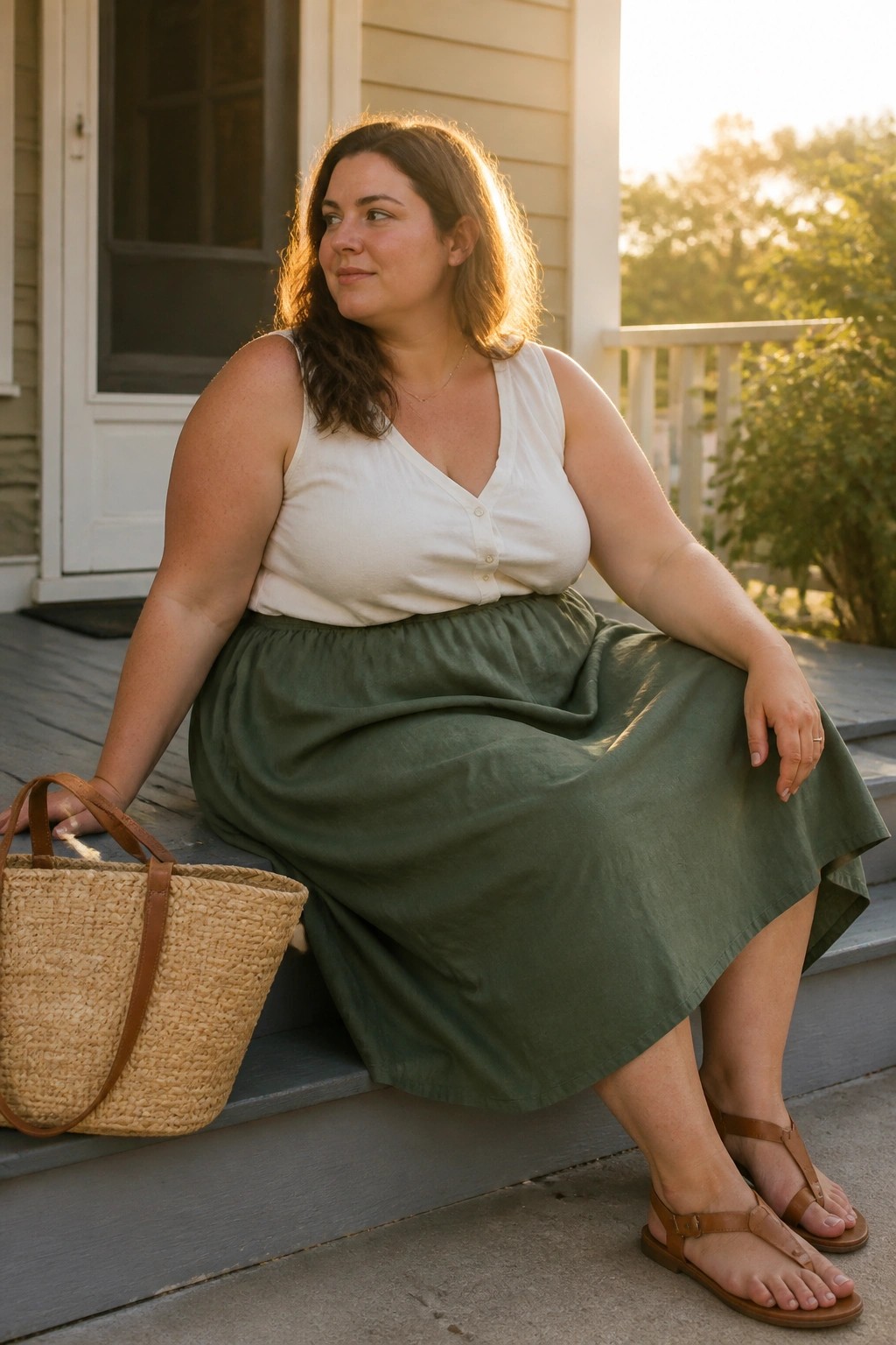 Woman in white top and green skirt on porch steps with woven basket bag