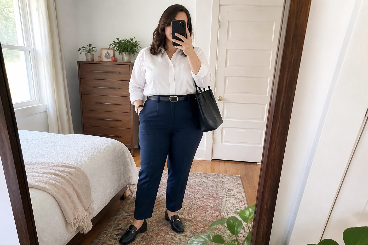 Woman in white shirt and navy pants taking mirror selfie with phone and bag