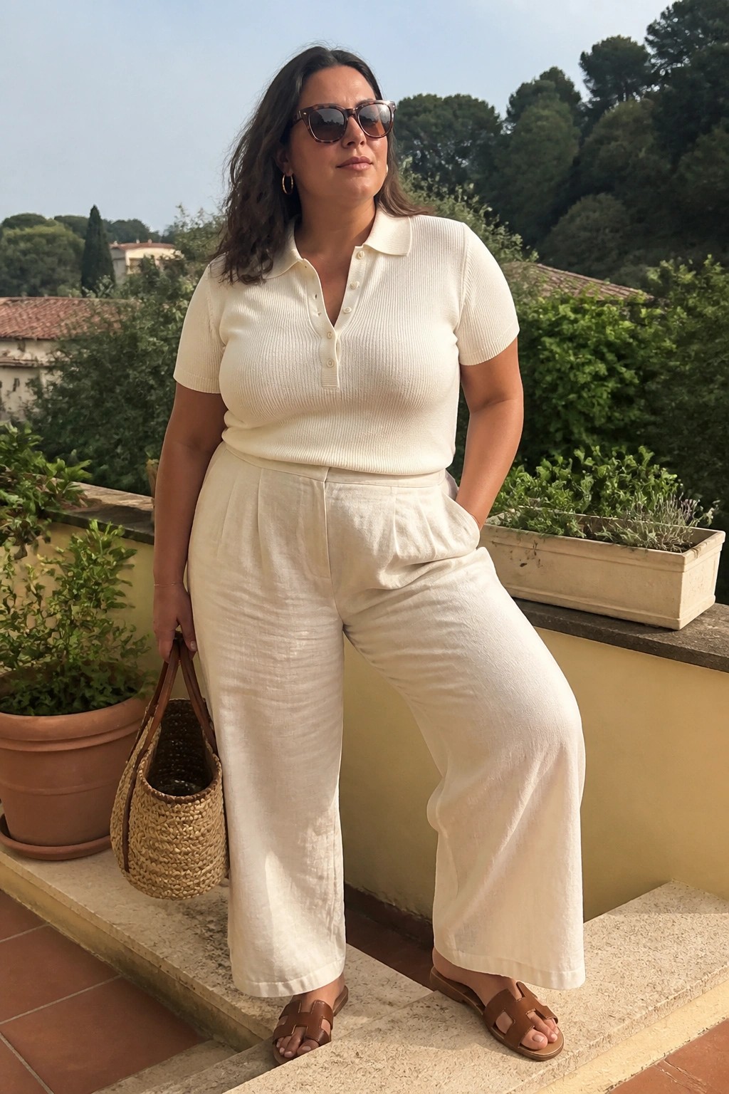 Woman in cream polo shirt and white wide-leg pants holding woven bag on terrace