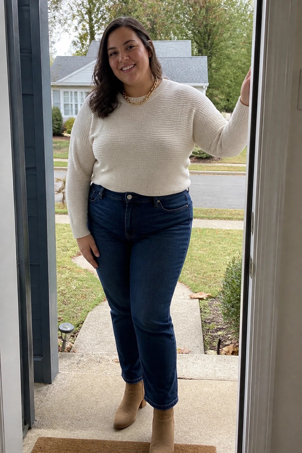 Woman in cream sweater and blue jeans smiling in open doorway