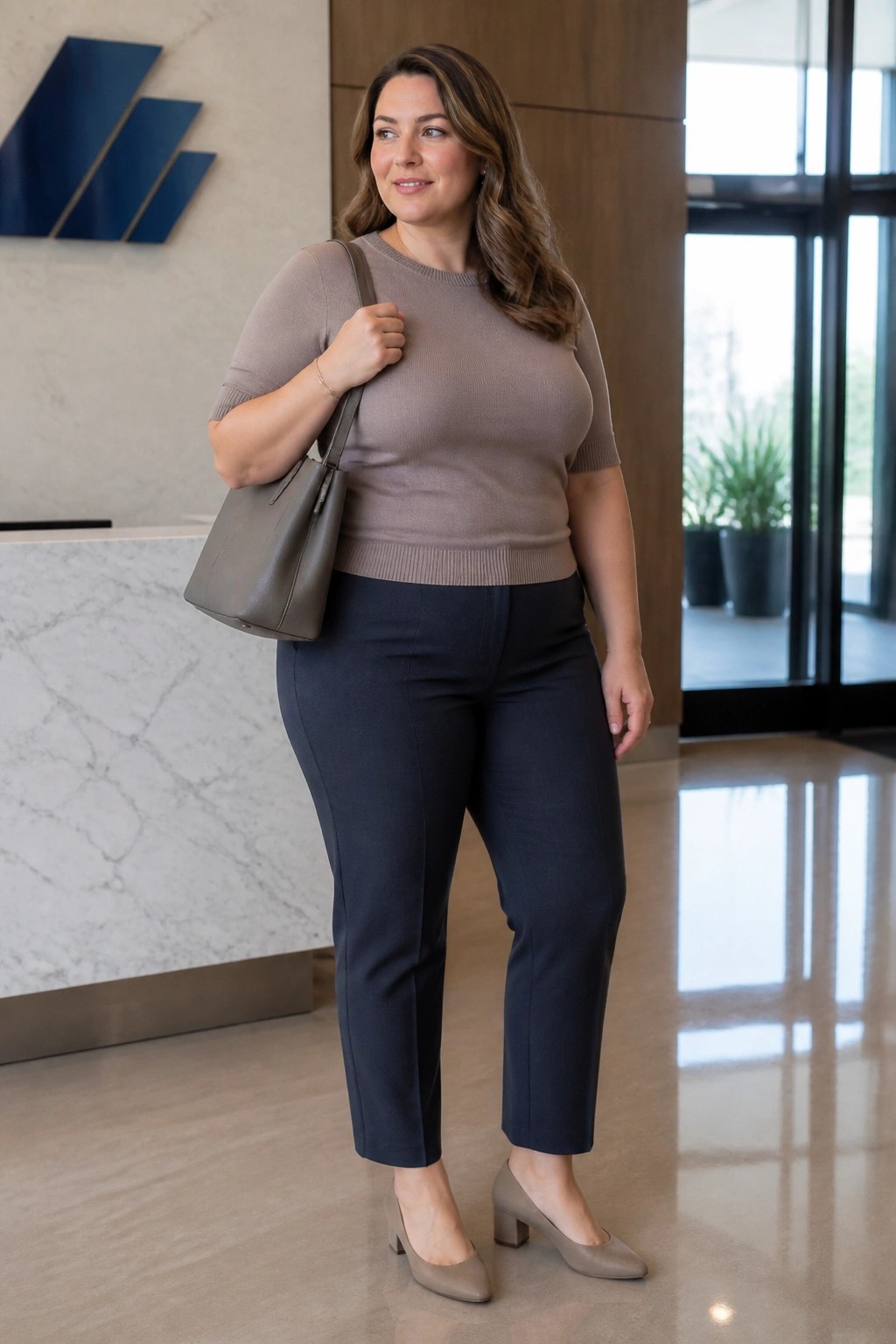 Woman in taupe sweater and navy pants holding handbag in office lobby