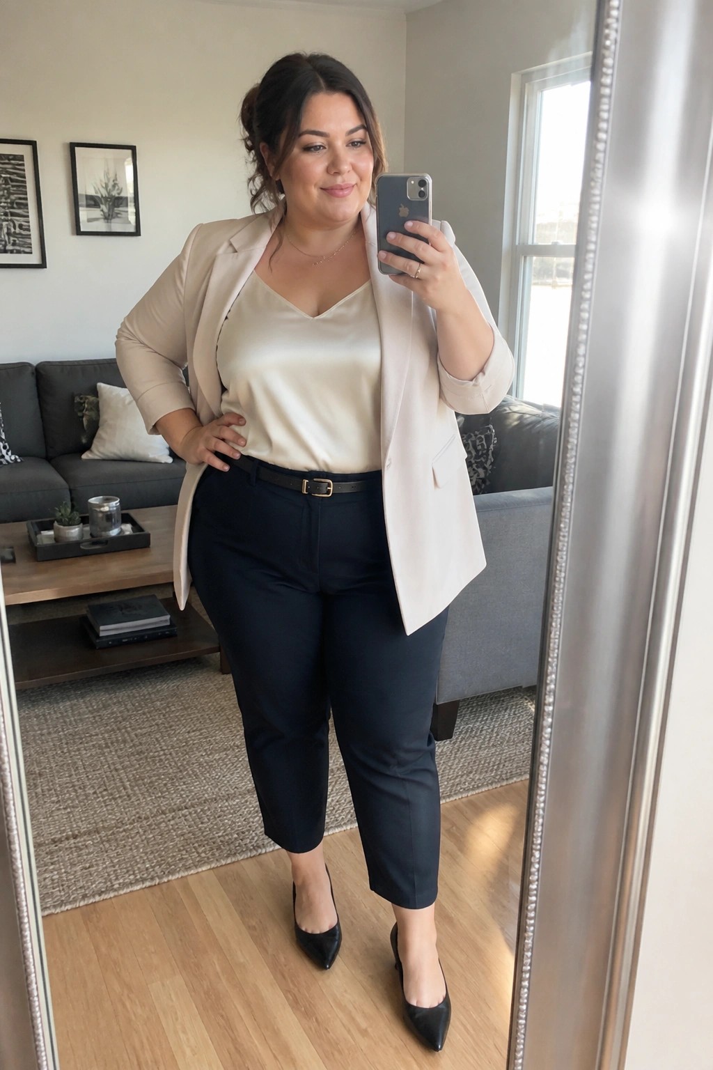 Woman in beige blazer, cream top, and navy pants taking mirror selfie