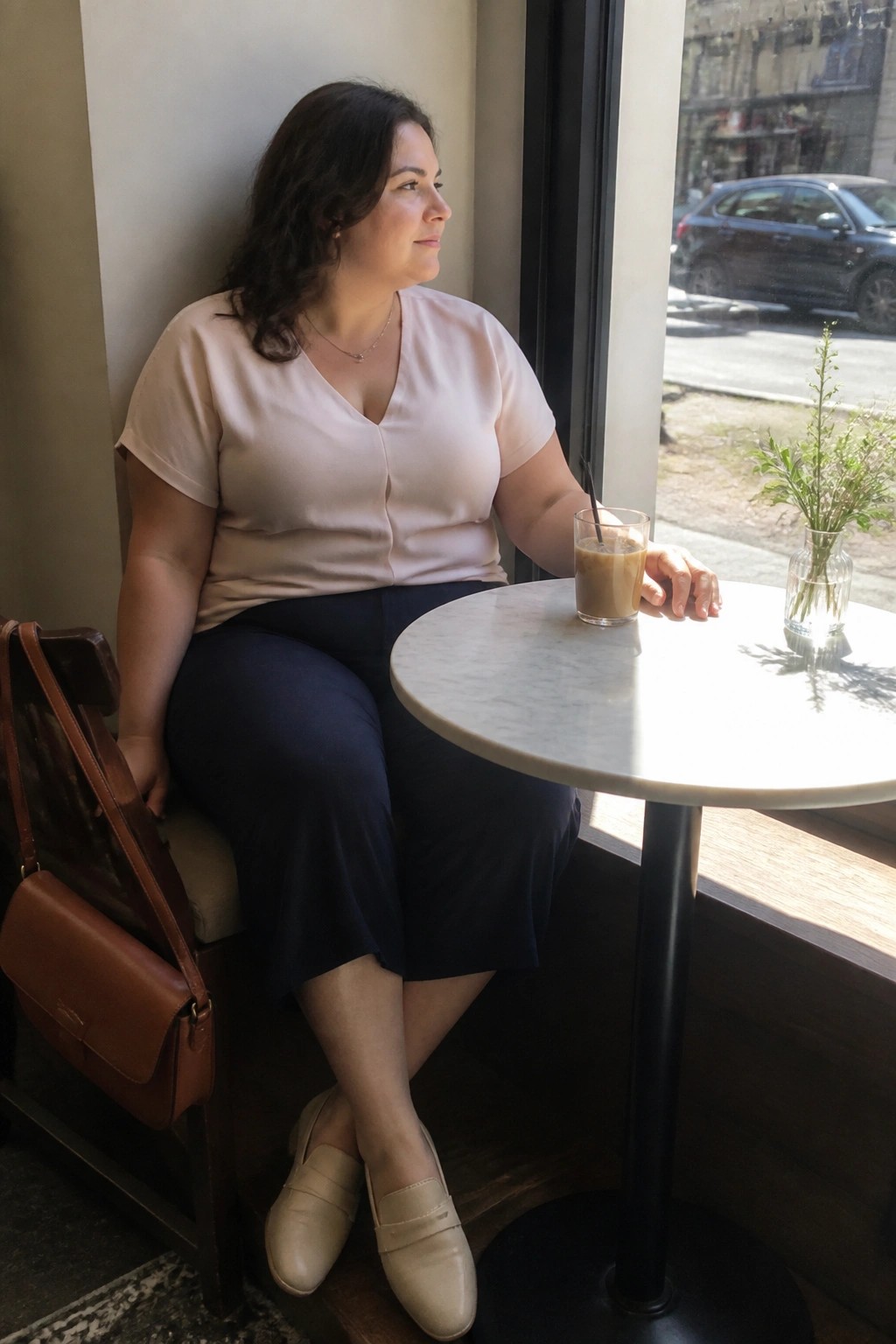 Woman in pink top and navy skirt at cafe table with iced coffee and handbag.