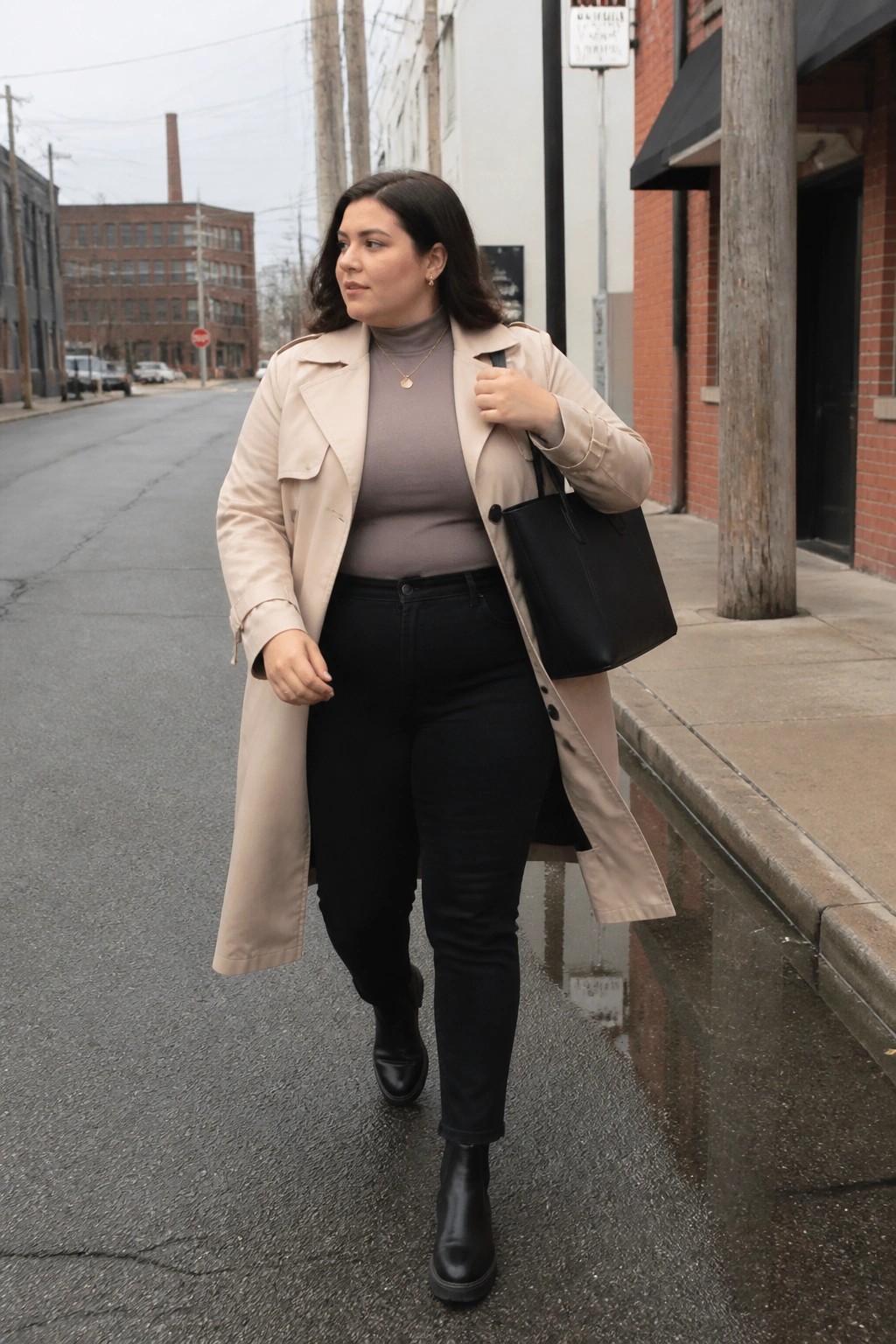Woman in beige trench coat and black jeans walking on wet city street