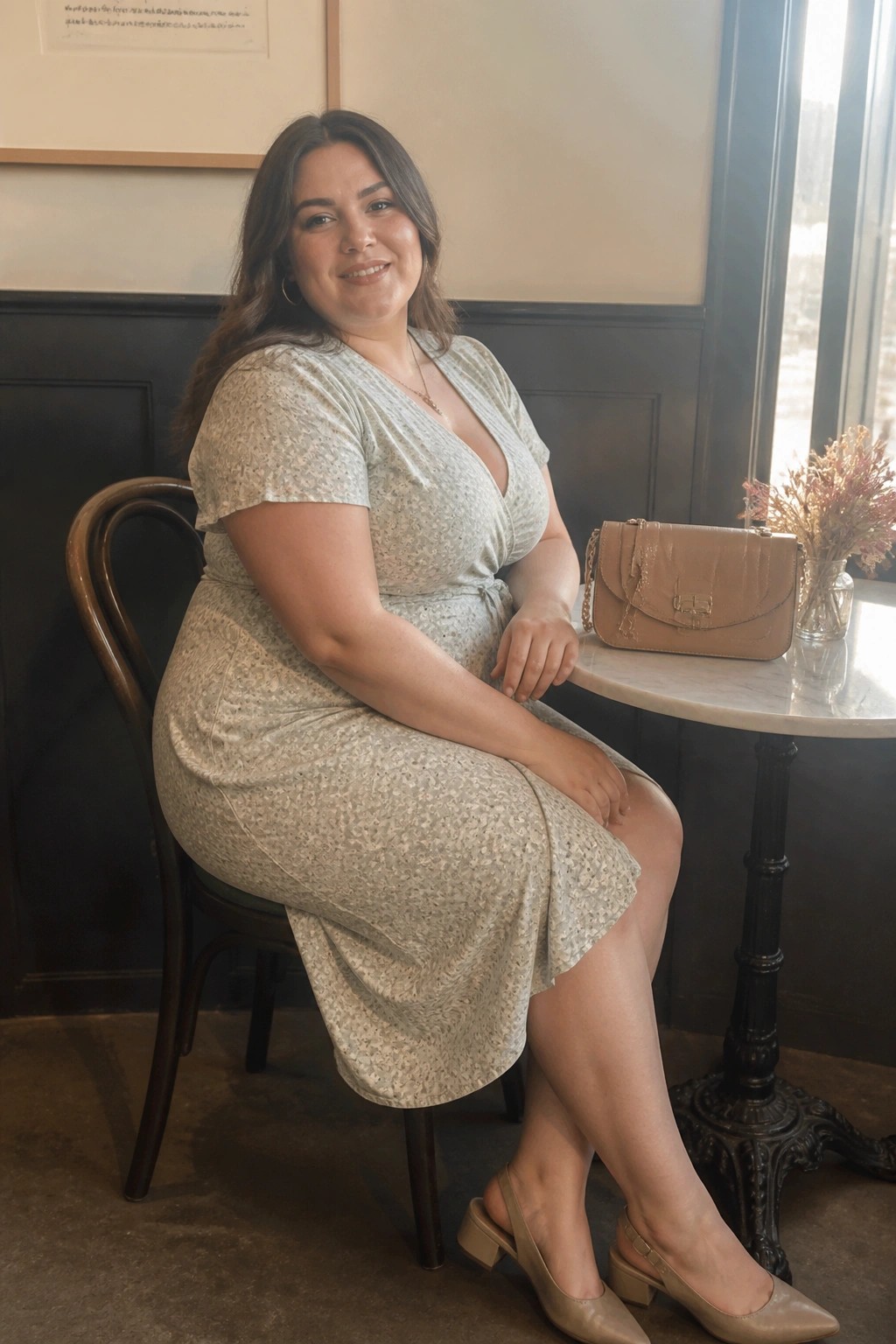 Plus size woman wearing a light green floral wrap midi dress with short sleeves, paired with beige slingback block heel shoes and carrying a matching beige handbag.