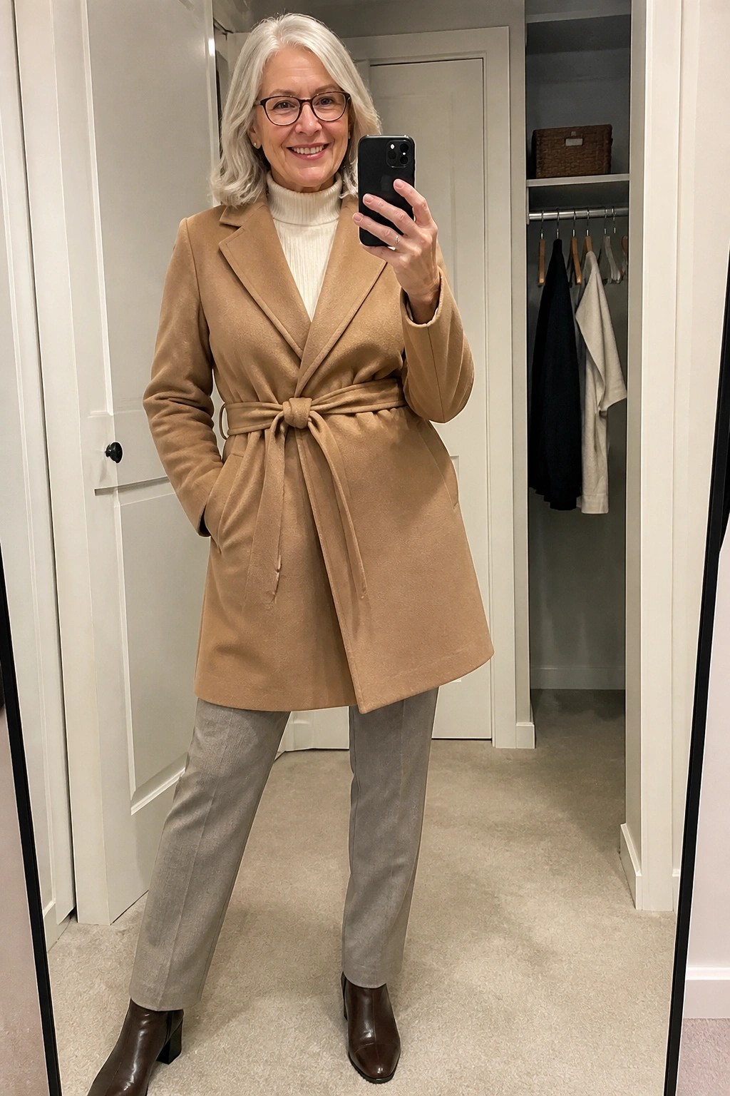 Woman in tan belted coat takes mirror selfie inside open closet.