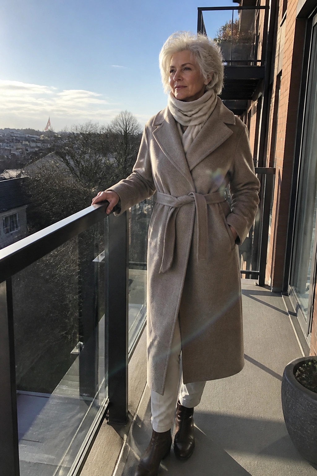 Elderly woman with white hair in beige coat on sunny city balcony