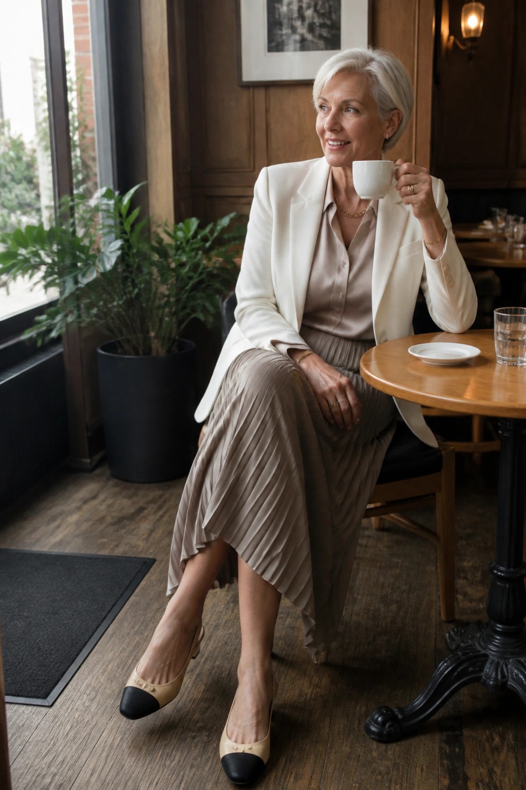Elegant woman in white blazer and pleated beige skirt holding coffee cup at cafe table