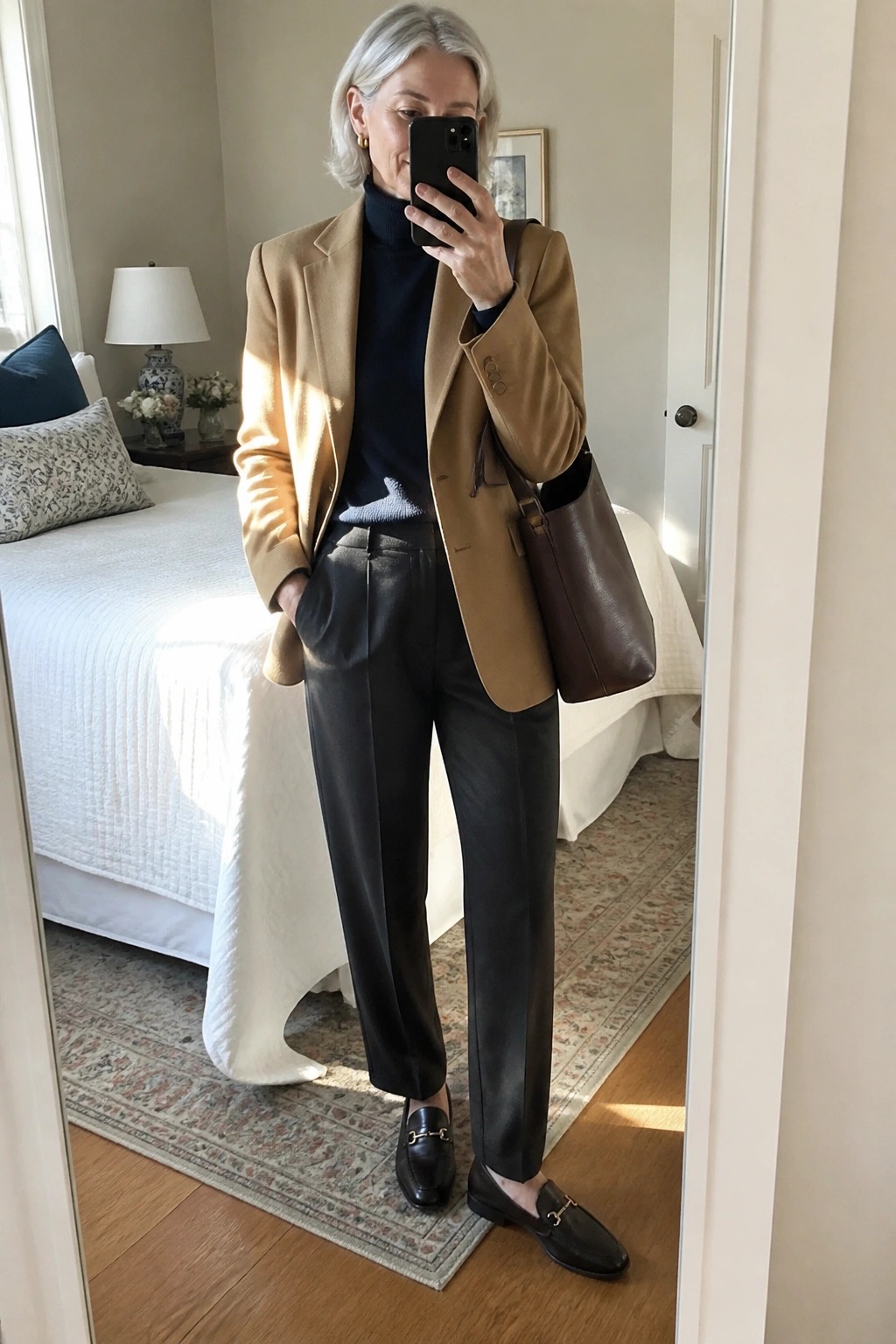 A woman with short gray hair wearing a camel blazer over a navy turtleneck, dark leather pants, and black loafers, holding a brown leather tote bag while taking a mirror selfie in a bedroom.