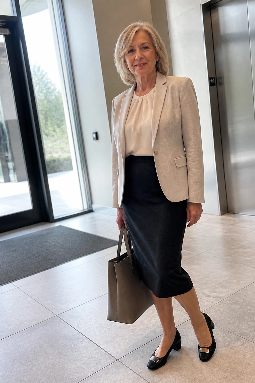 Older woman in beige blazer and black skirt holding taupe handbag in lobby