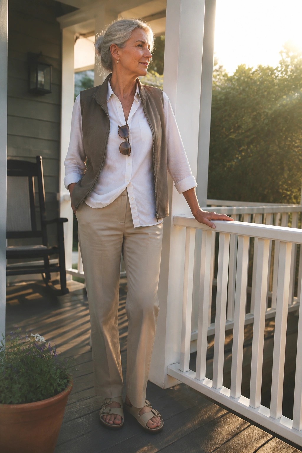 Gray-haired woman in white shirt and brown vest on sunny porch railing