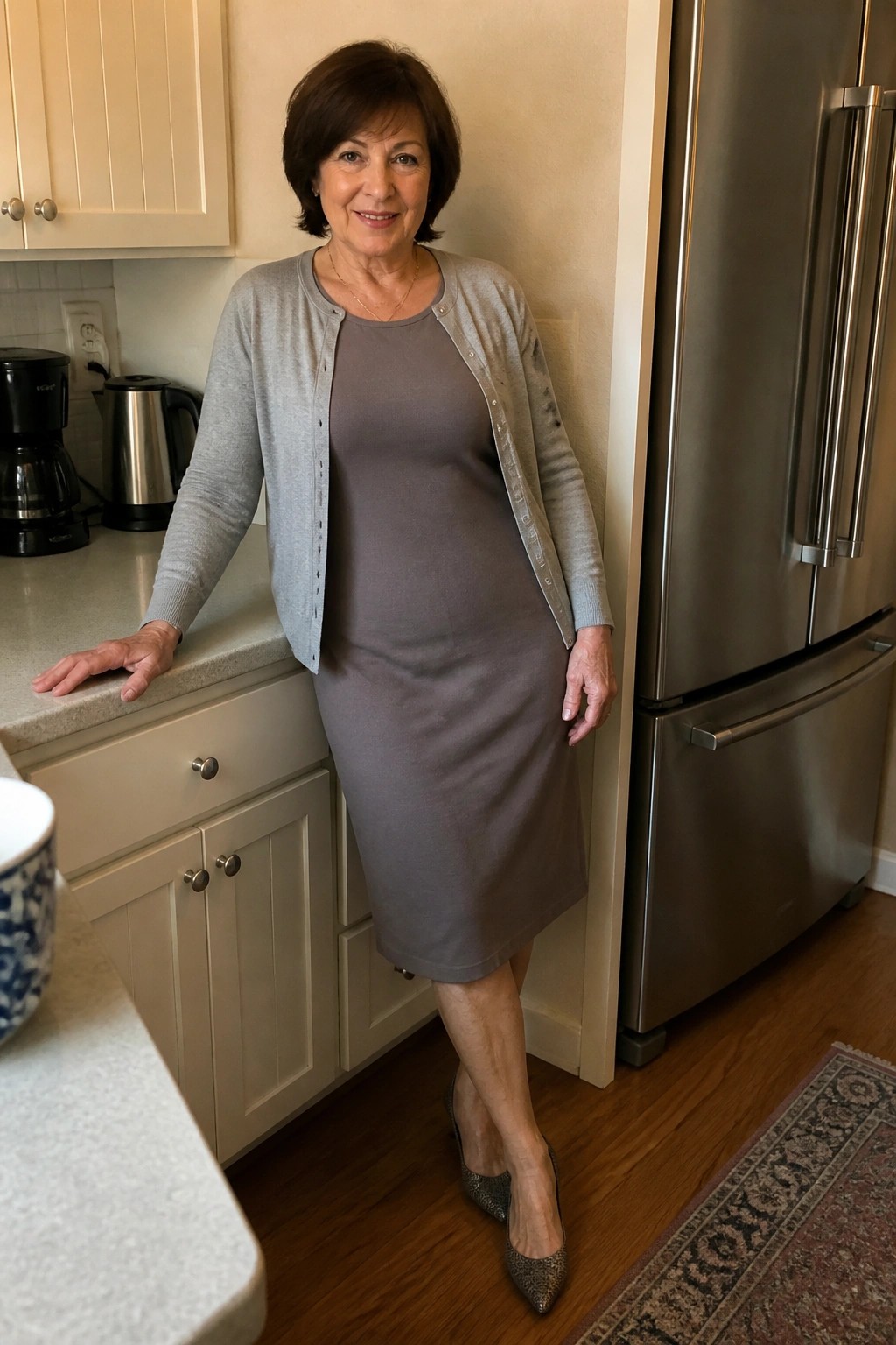 Woman in gray cardigan and dress leaning on kitchen counter by fridge