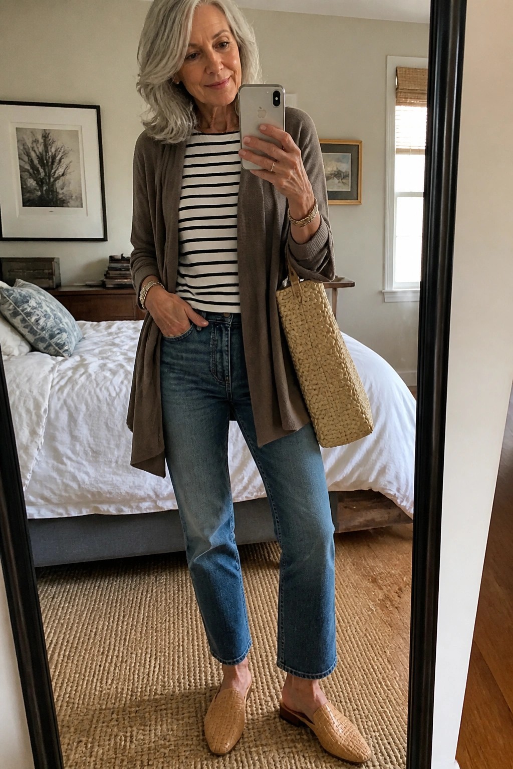 Woman over 60 wearing a taupe open cardigan over a black and white striped top with blue straight-leg jeans, tan woven mules, and a matching woven tote bag, standing in a bedroom mirror selfie.
